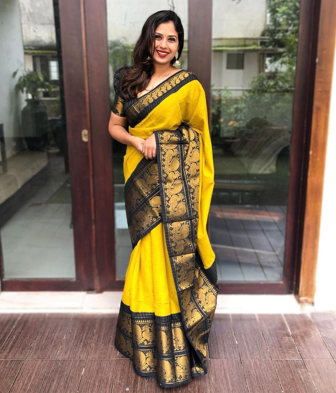 Yellow Black Copper Design Haldi Italian Silk Saree