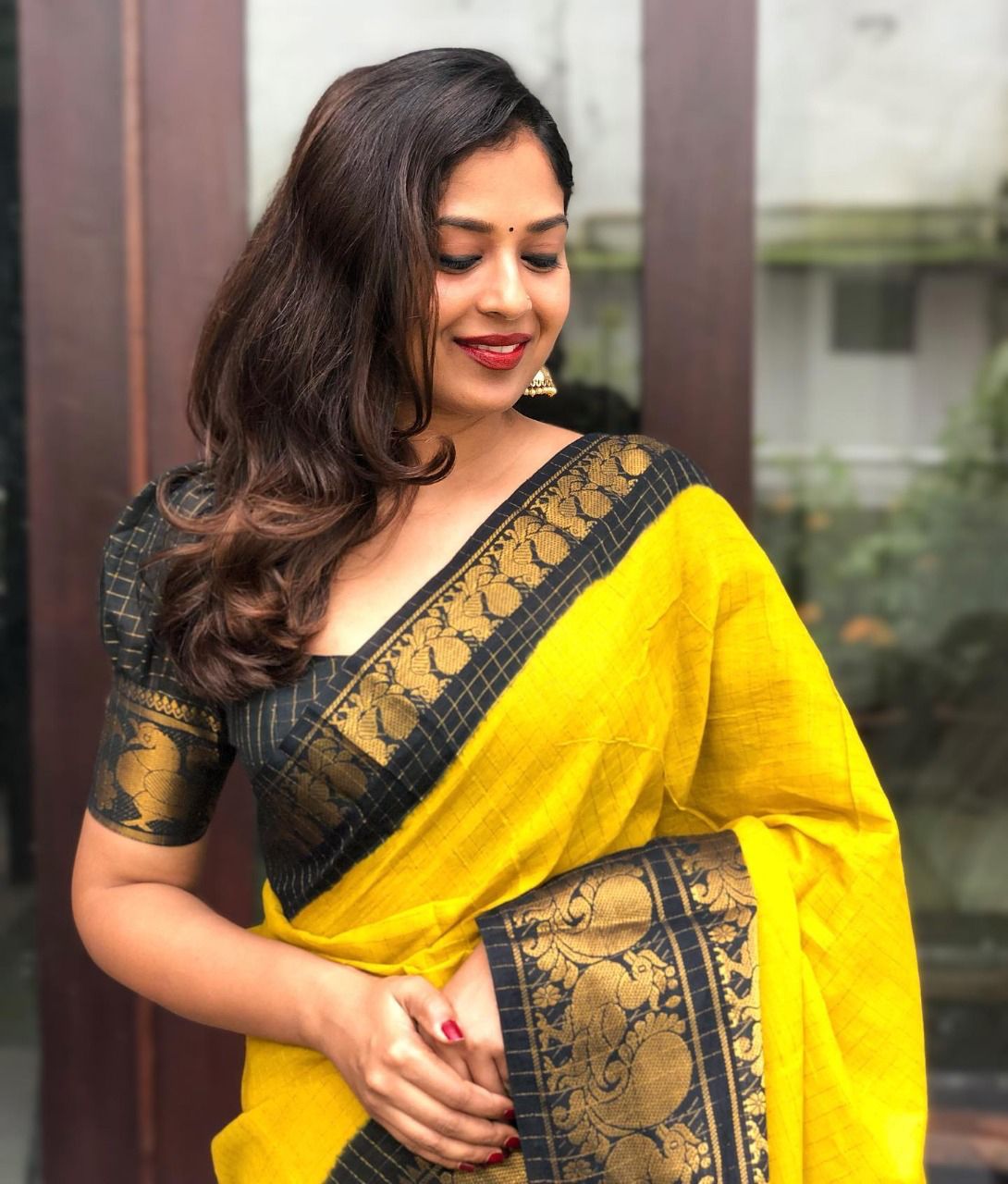 Yellow Black Copper Design Haldi Italian Silk Saree