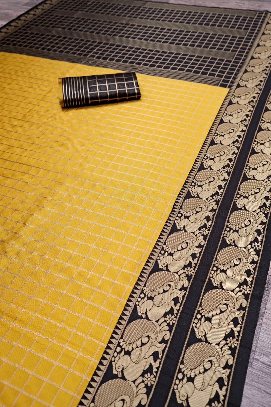 Yellow Black Copper Design Haldi Italian Silk Saree