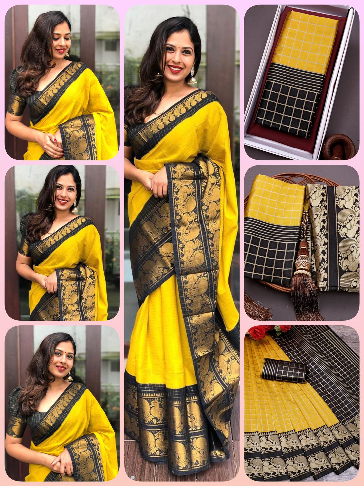 Yellow Black Copper Design Haldi Italian Silk Saree