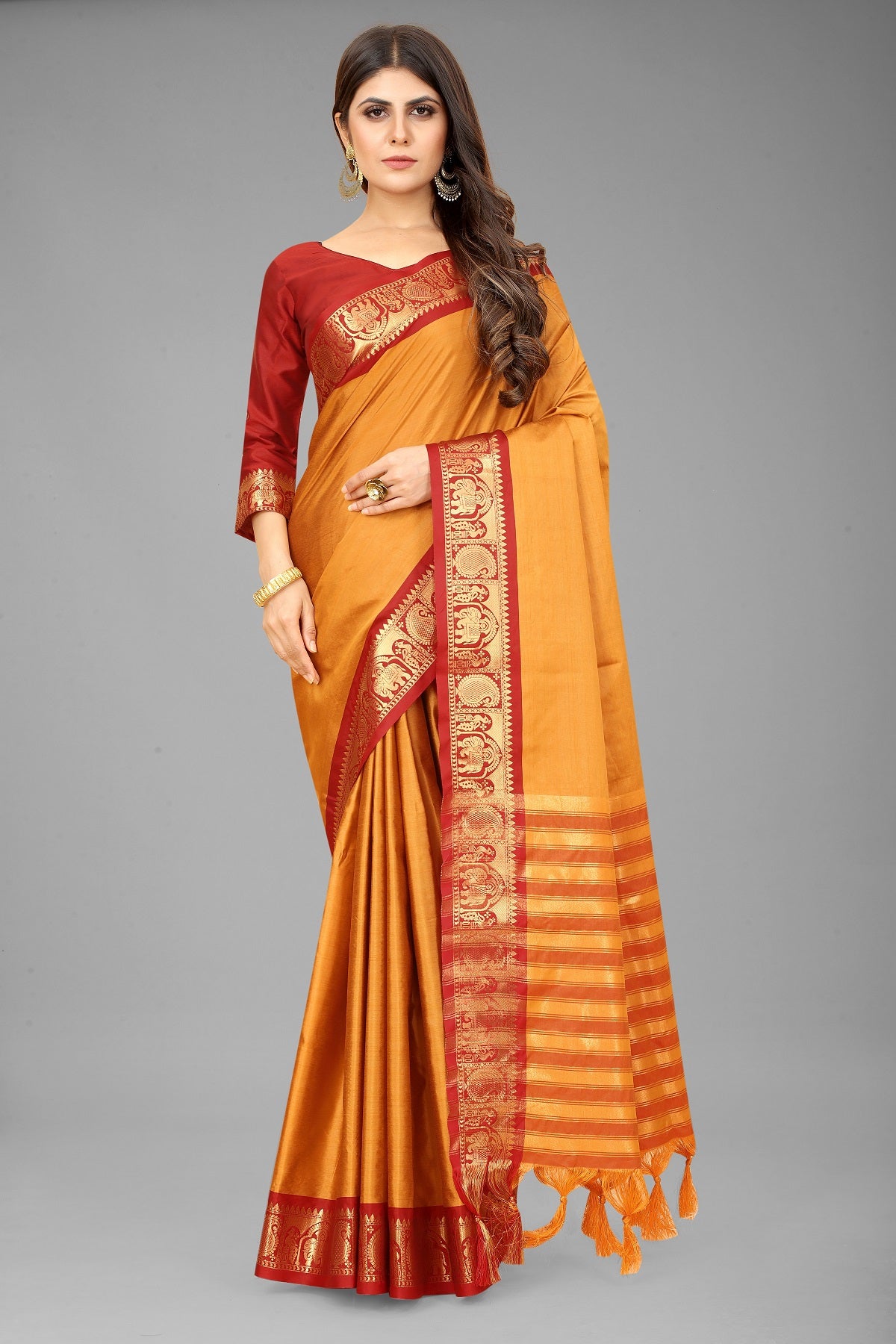 Yellow Red Hathi Kanjivaram Silk Saree