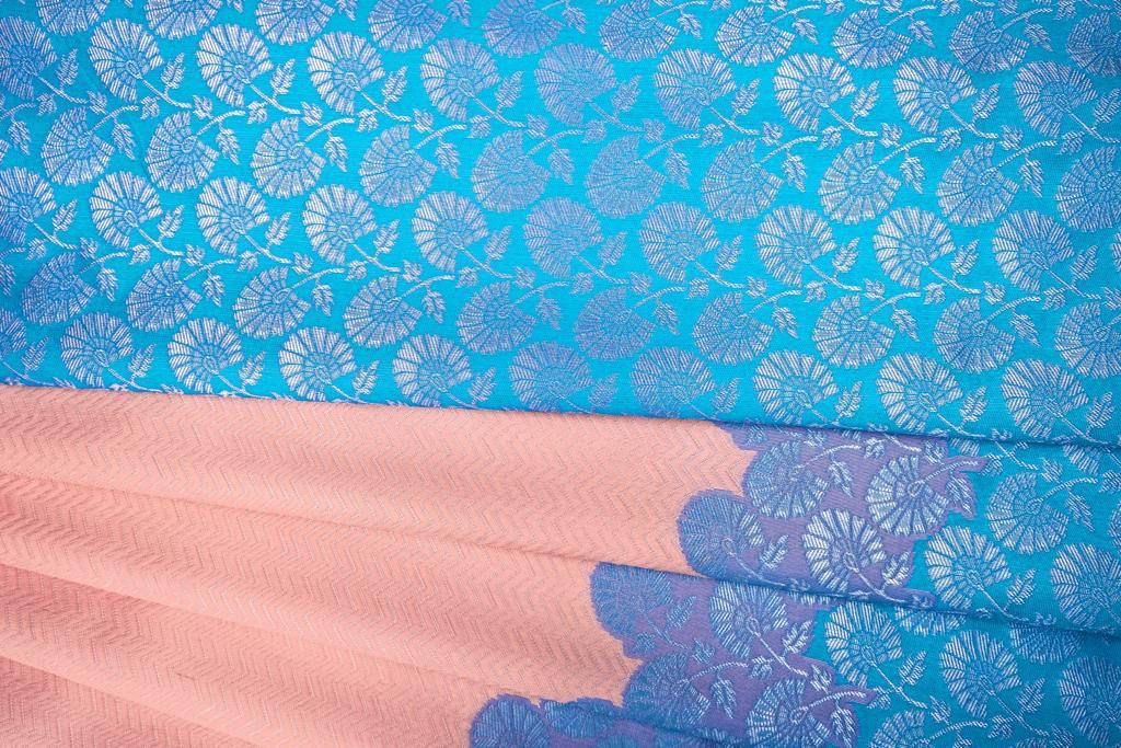 Peach Aqua Blue Silver Design Himani Italian Silk Saree