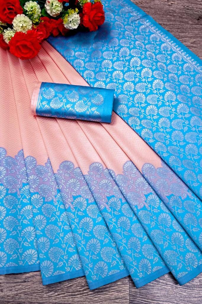 Peach Aqua Blue Silver Design Himani Italian Silk Saree