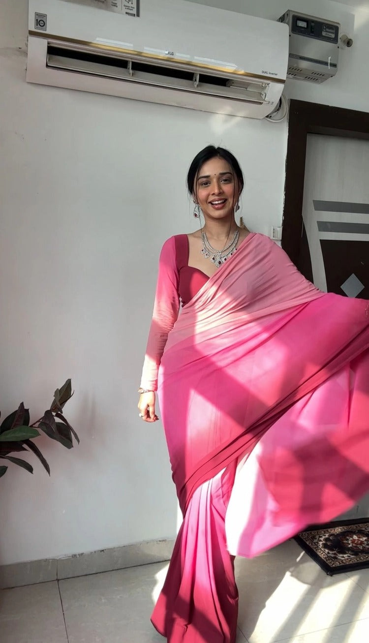 1-Minute Ready To Wear Pink And Maroon Georgette Saree With Unstitched Blouse.