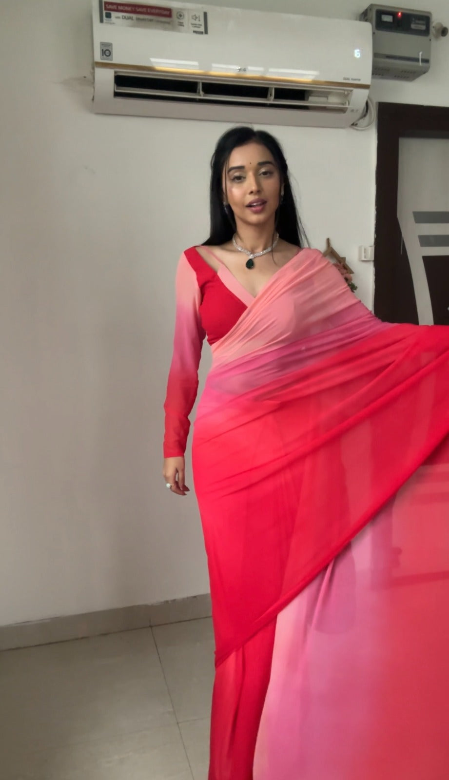 1-Minute Ready To Wear Red and Baby Pink Georgette Saree With Unstitched Blouse.