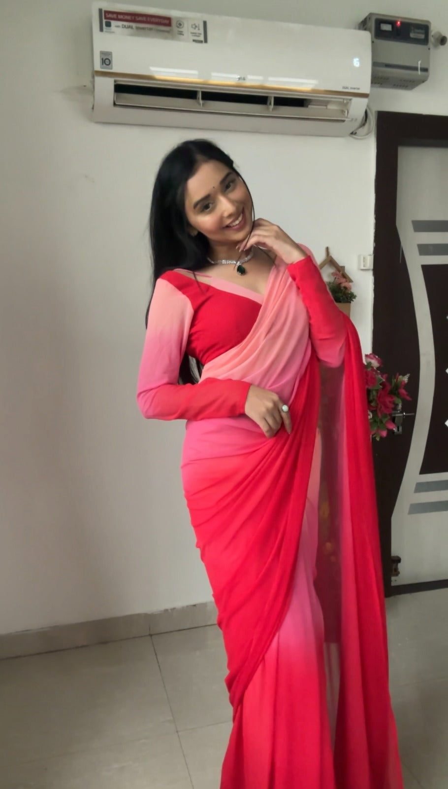 1-Minute Ready To Wear Red and Baby Pink Georgette Saree With Unstitched Blouse.