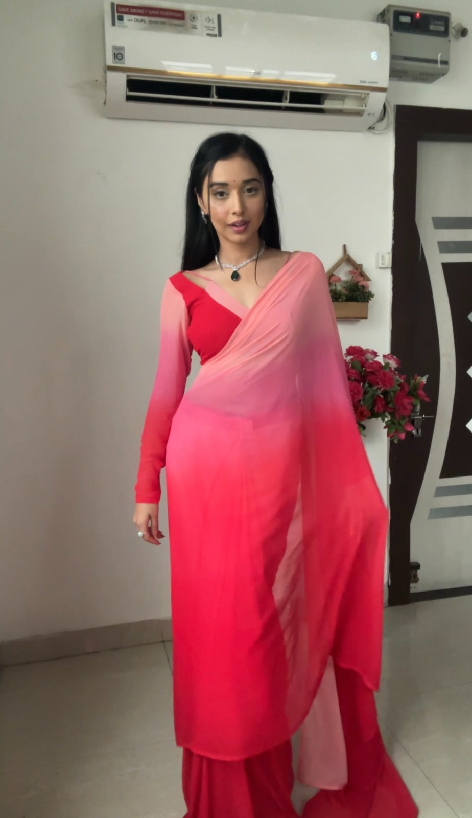 1-Minute Ready To Wear Red and Baby Pink Georgette Saree With Unstitched Blouse.