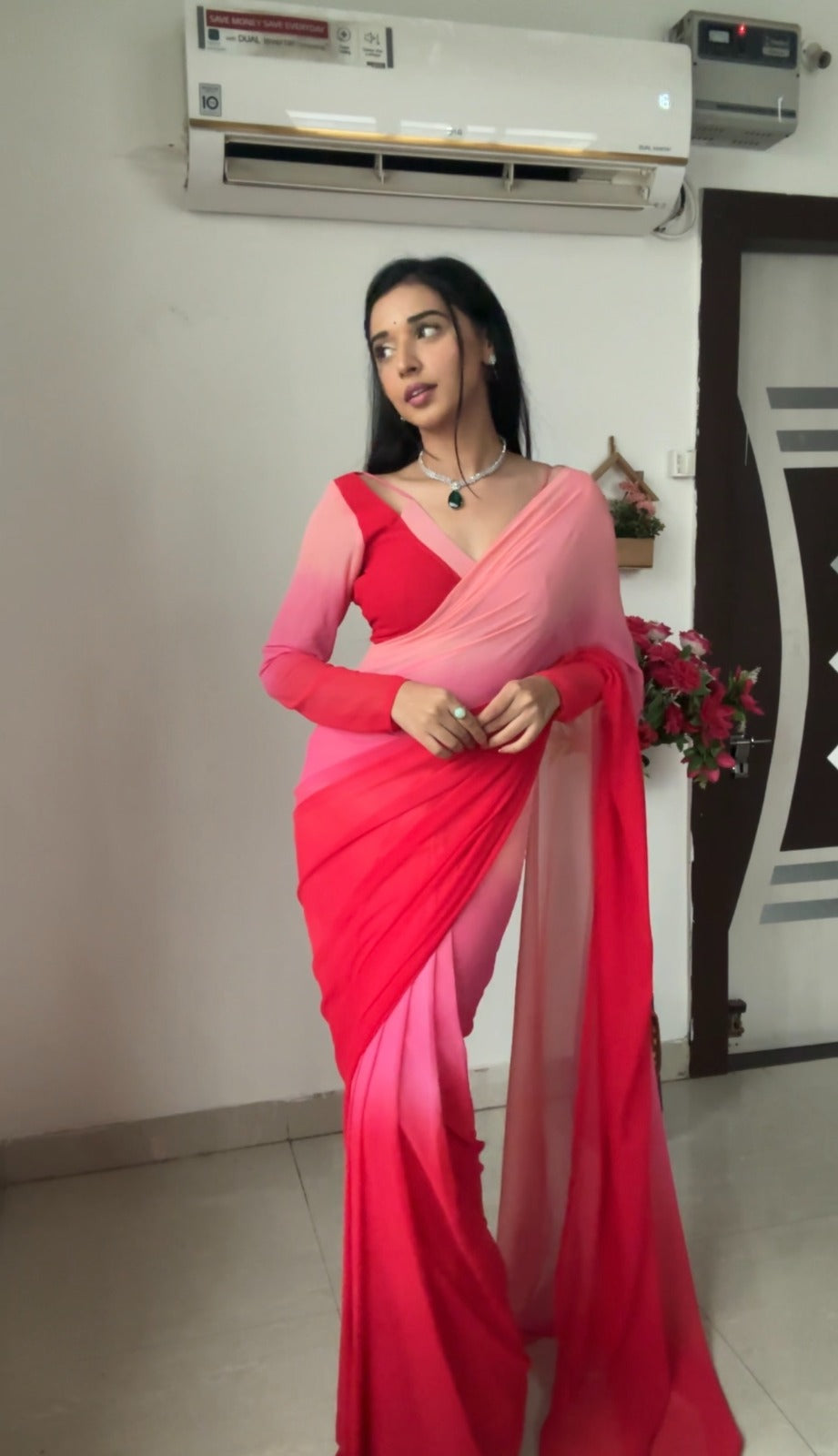 1-Minute Ready To Wear Red and Baby Pink Georgette Saree With Unstitched Blouse.