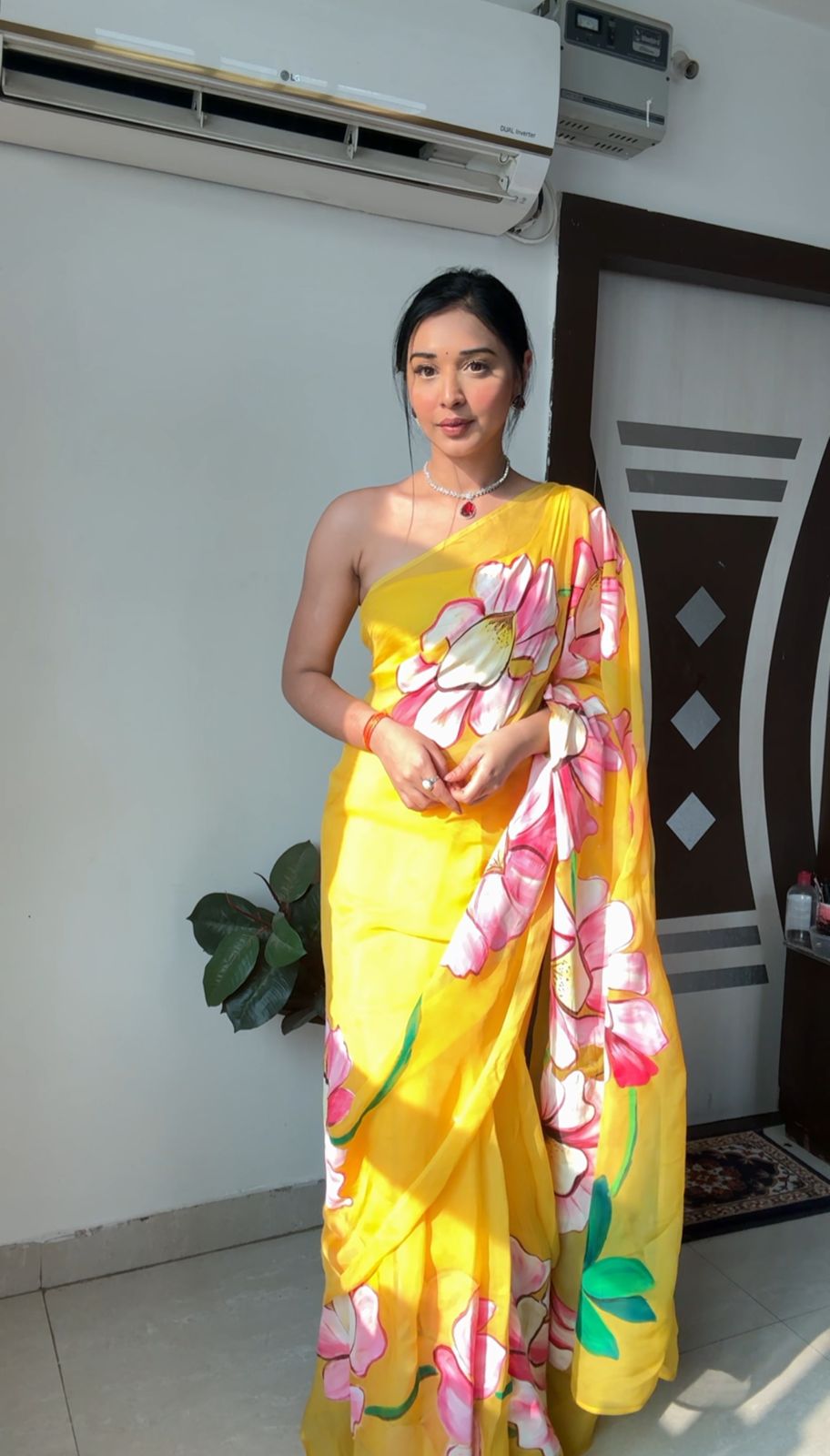 1-Minute Ready To Wear Yellow Organza Silk Saree With Unstitched Blouse.