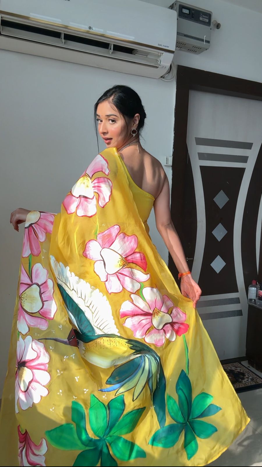 1-Minute Ready To Wear Yellow Organza Silk Saree With Unstitched Blouse.