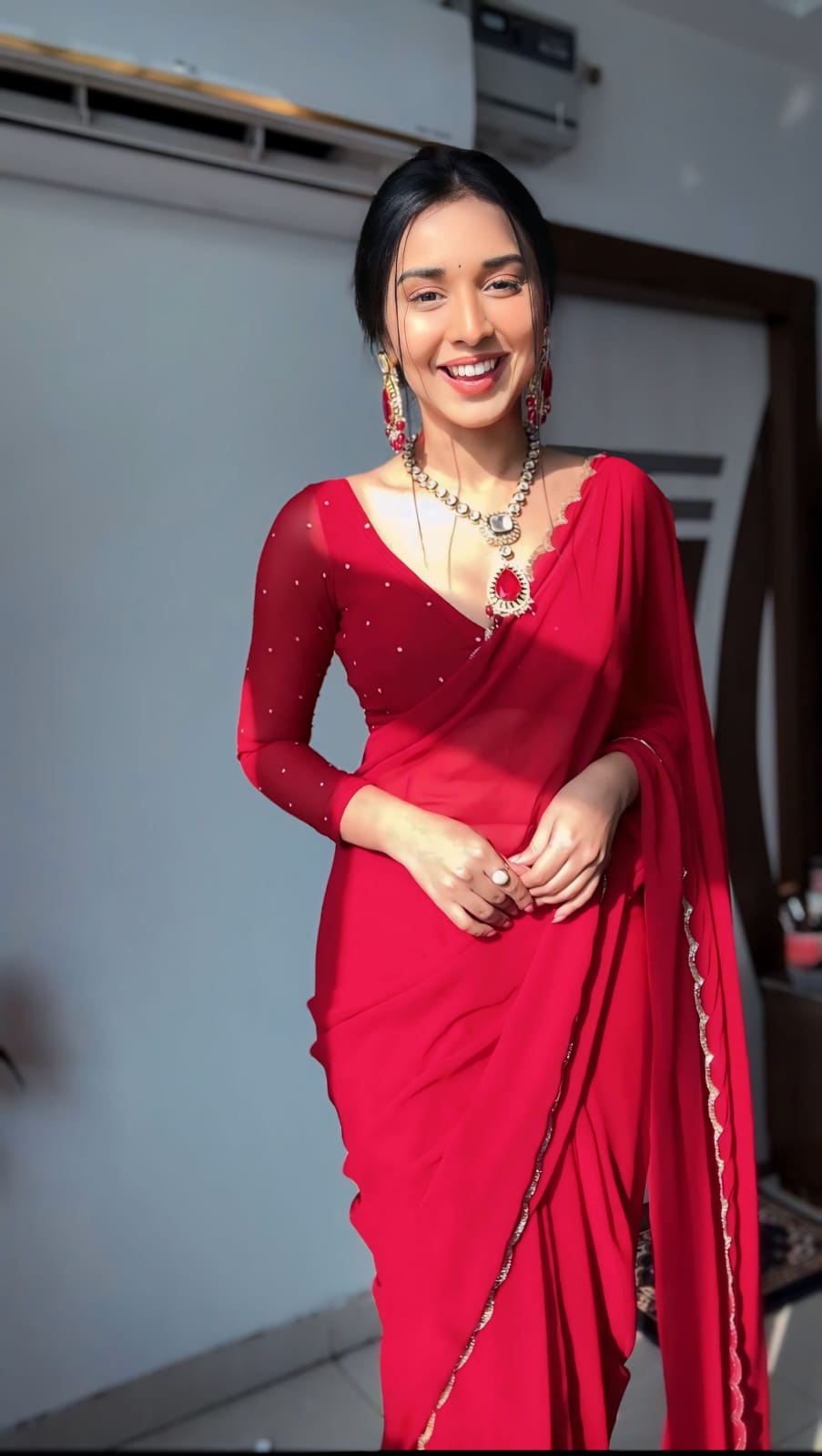 1-Min Ready To Wear Premium Fox Georgette Saree With stitched blouse-Work Red