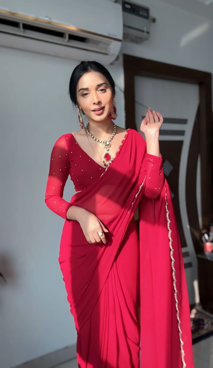 1-Min Ready To Wear Premium Fox Georgette Saree With stitched blouse-Work Red