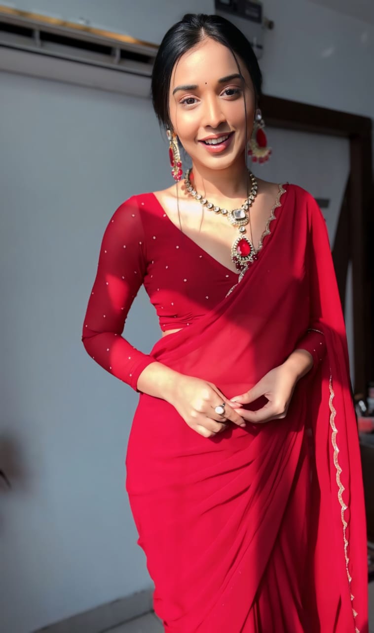 1-Min Ready To Wear Premium Fox Georgette Saree With stitched blouse-Work Red