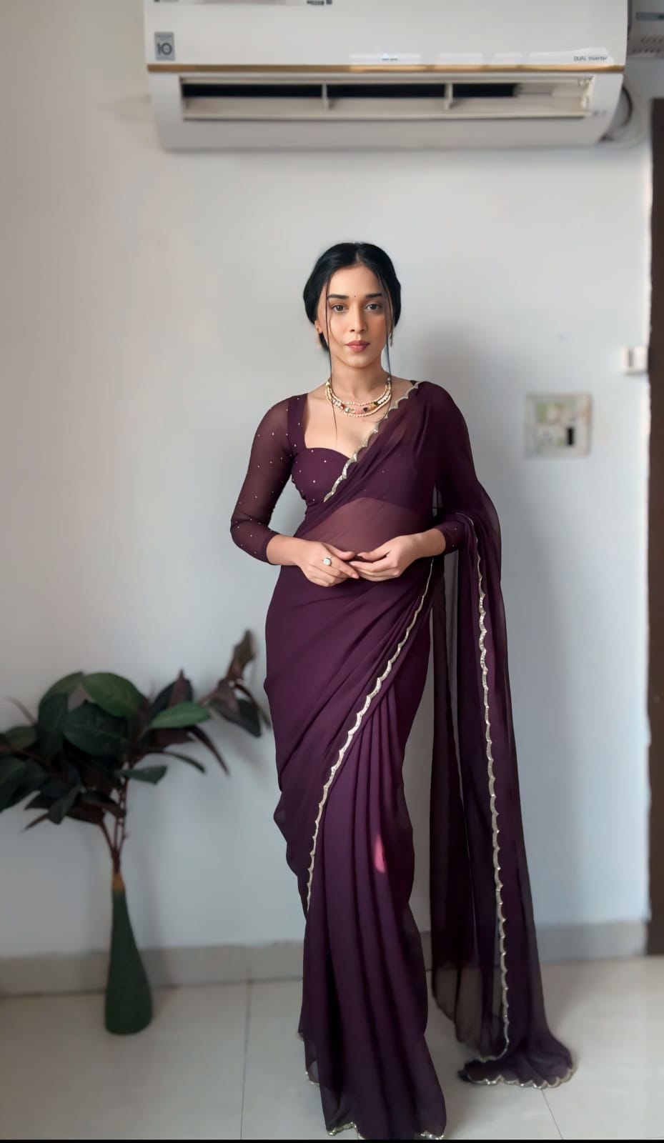 1-Min Ready To Wear Premium Fox Georgette Saree With stitched blouse -Wine