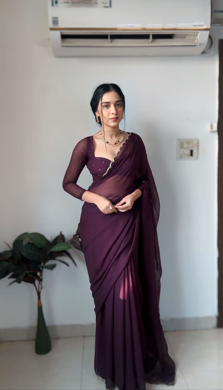 1-Min Ready To Wear Premium Fox Georgette Saree With stitched blouse -Wine