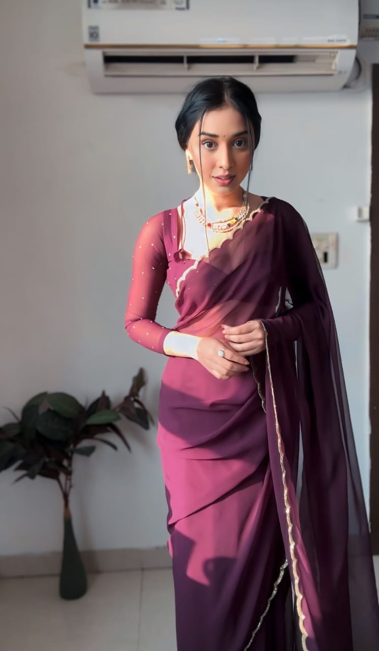 1-Min Ready To Wear Premium Fox Georgette Saree With stitched blouse -Wine