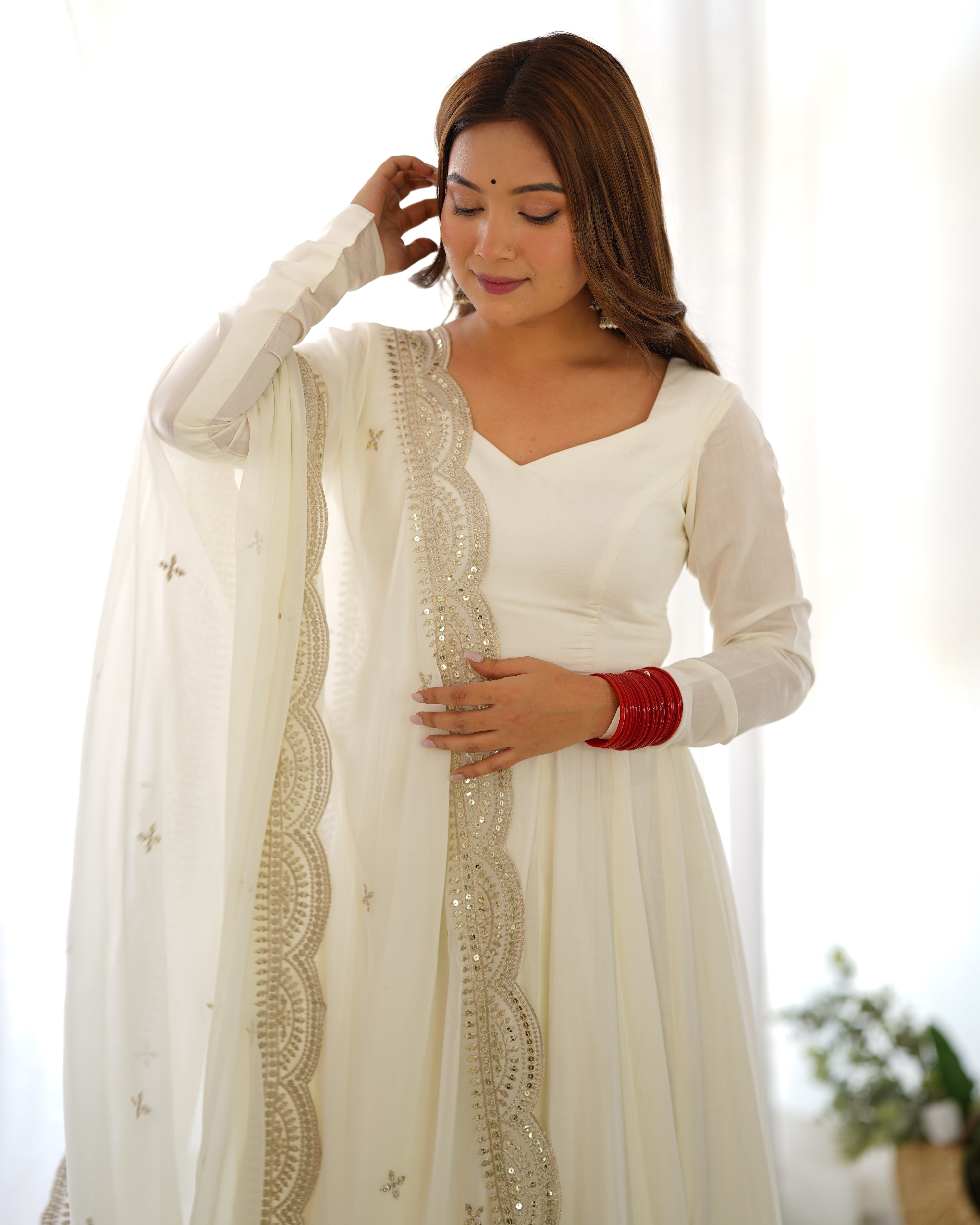 OFFWHITE-Fully Stitched Ready To Wear Premium Quality Pure Romansilk Chanderi Print Fabric Fully Flair Anarkali Gown.