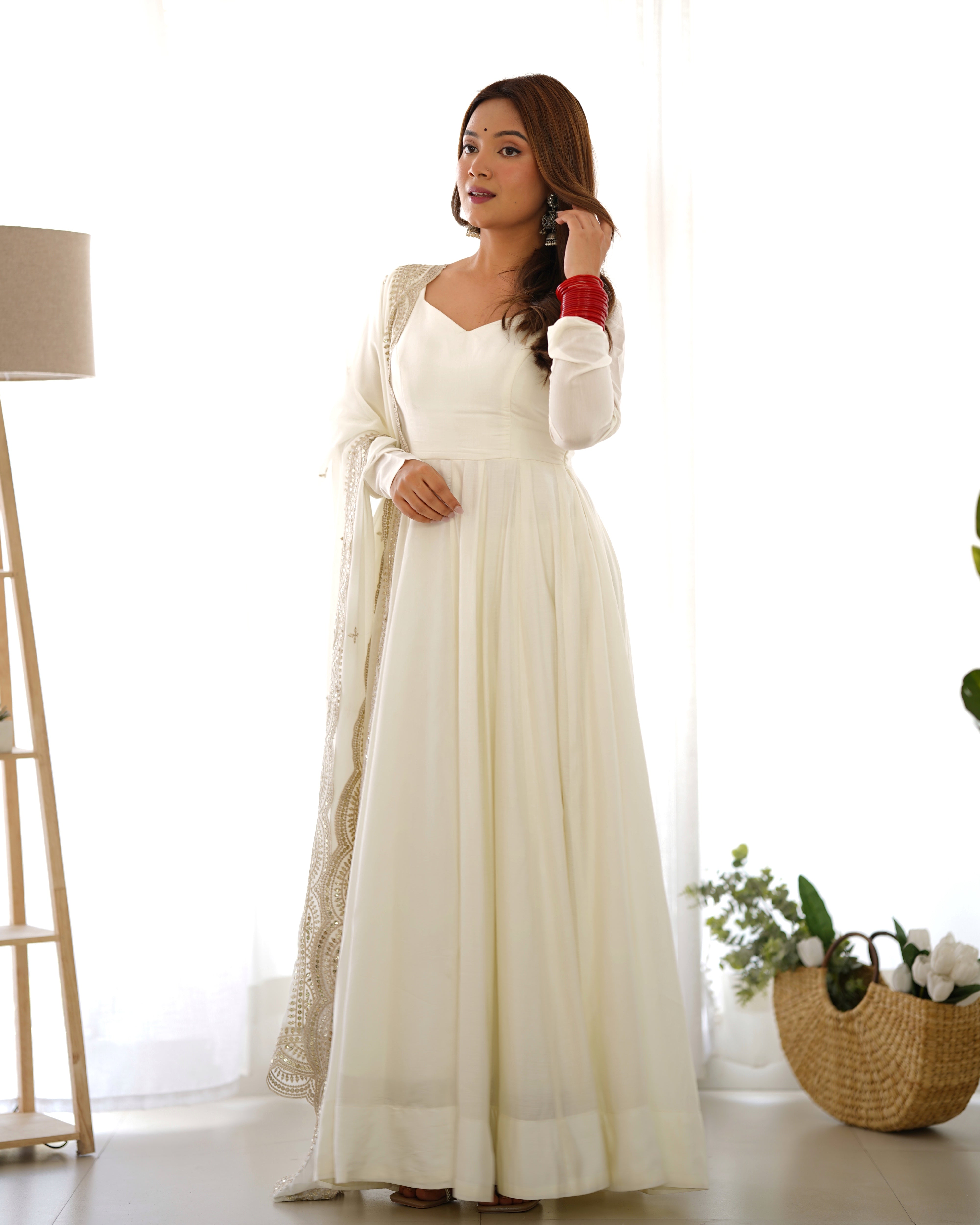 OFFWHITE-Fully Stitched Ready To Wear Premium Quality Pure Romansilk Chanderi Print Fabric Fully Flair Anarkali Gown.