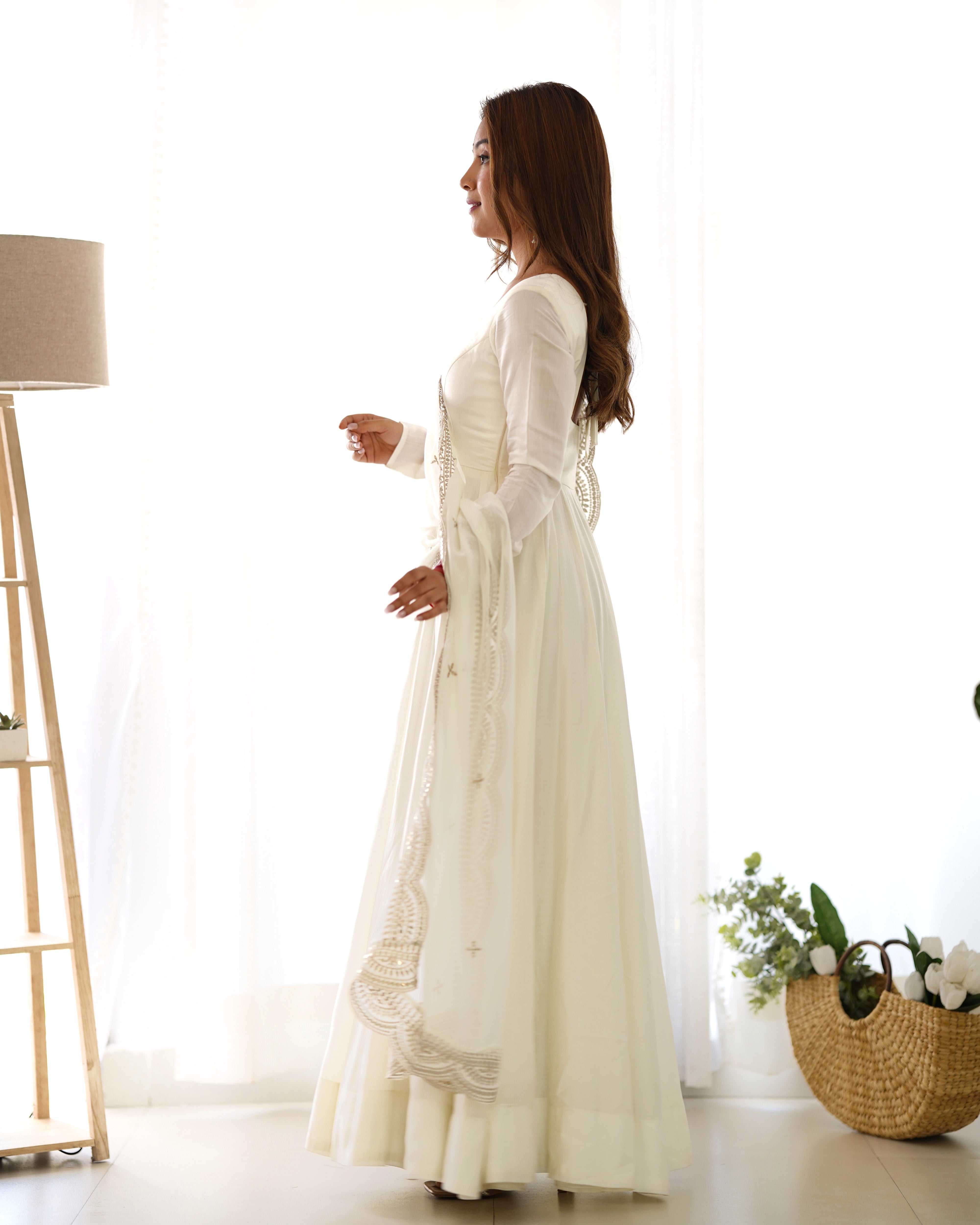 OFFWHITE-Fully Stitched Ready To Wear Premium Quality Pure Romansilk Chanderi Print Fabric Fully Flair Anarkali Gown.