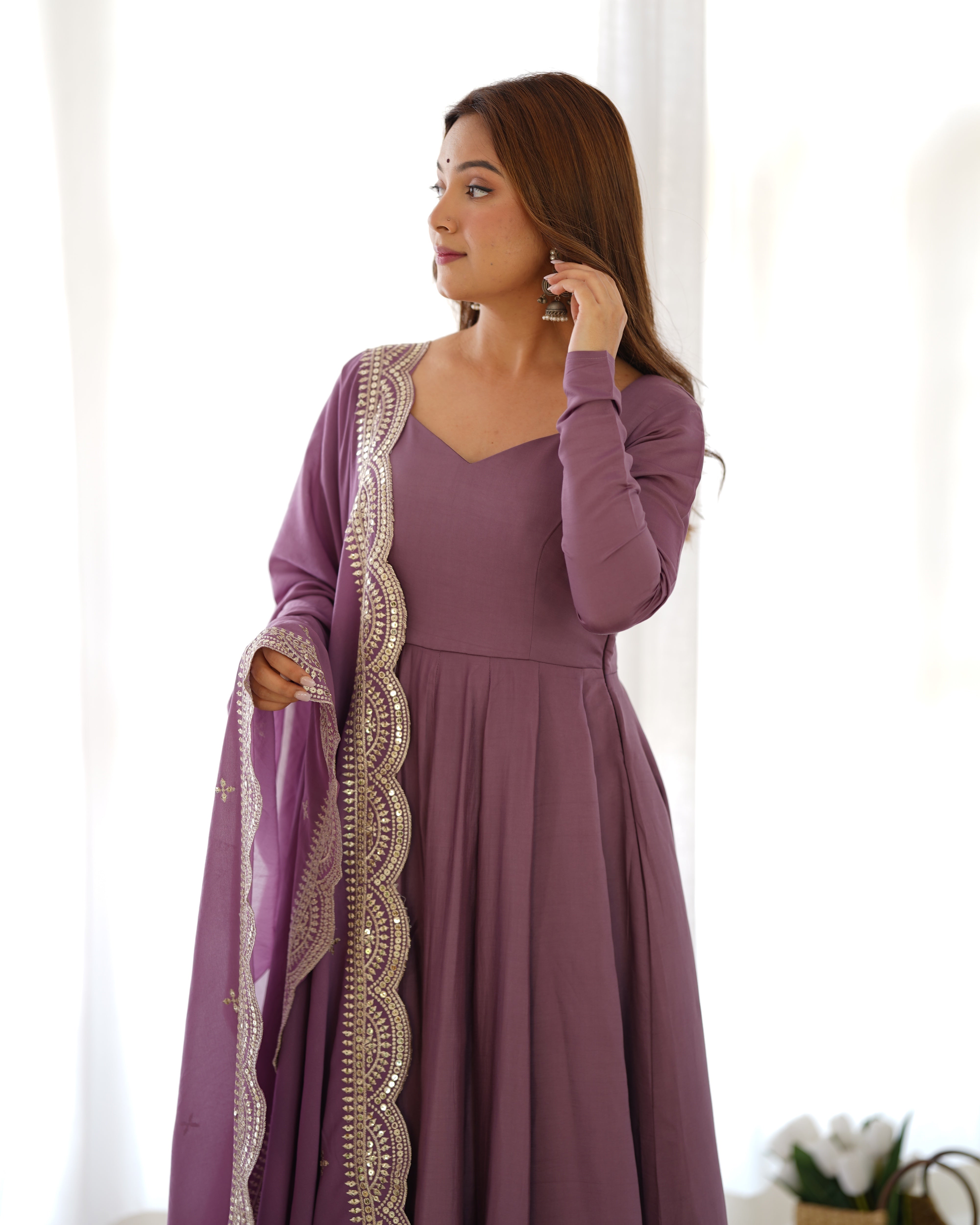 MAUVE-Fully Stitched Ready To Wear Premium Quality Pure Romansilk Chanderi Print Fabric Fully Flair Anarkali Gown.