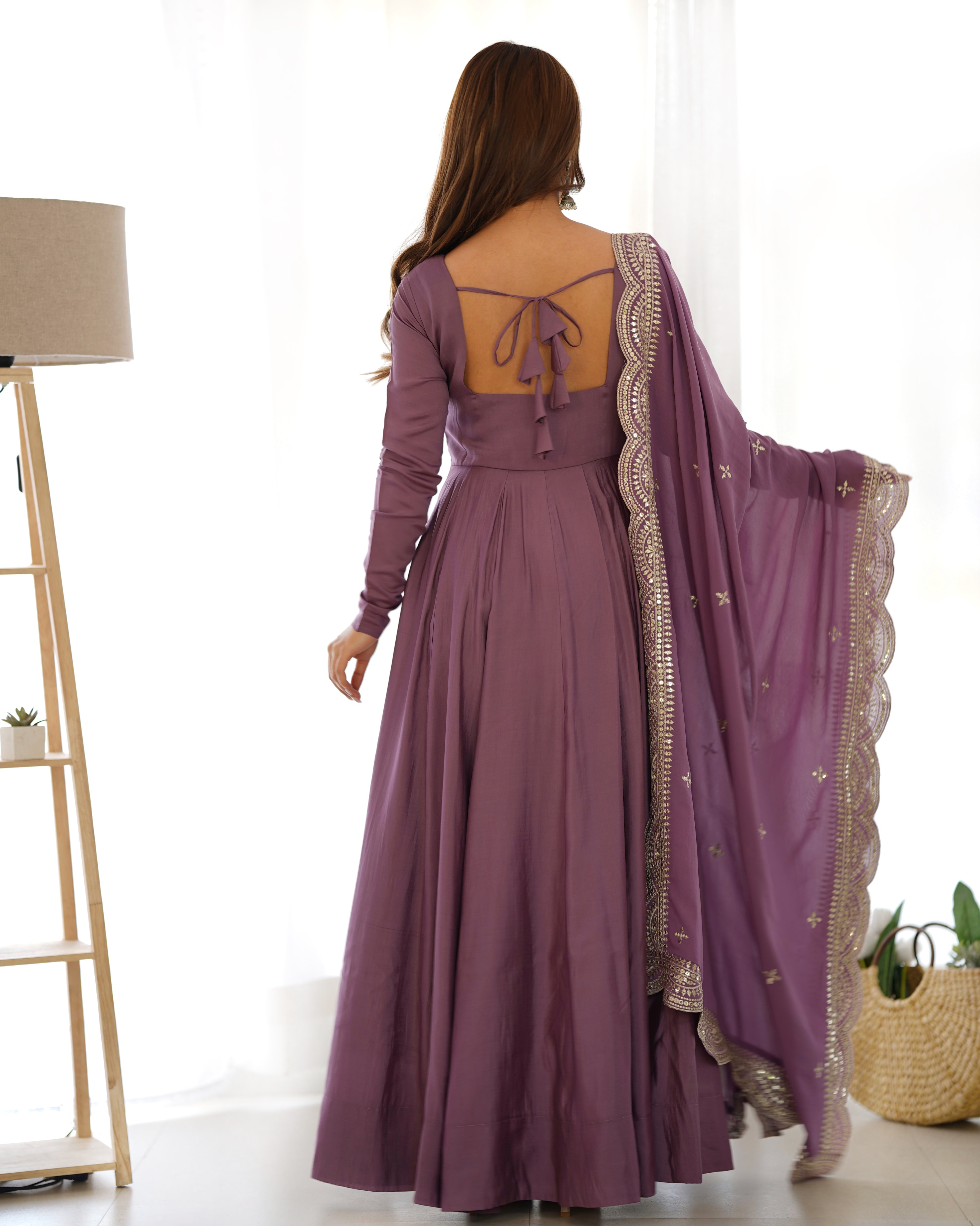 MAUVE-Fully Stitched Ready To Wear Premium Quality Pure Romansilk Chanderi Print Fabric Fully Flair Anarkali Gown.