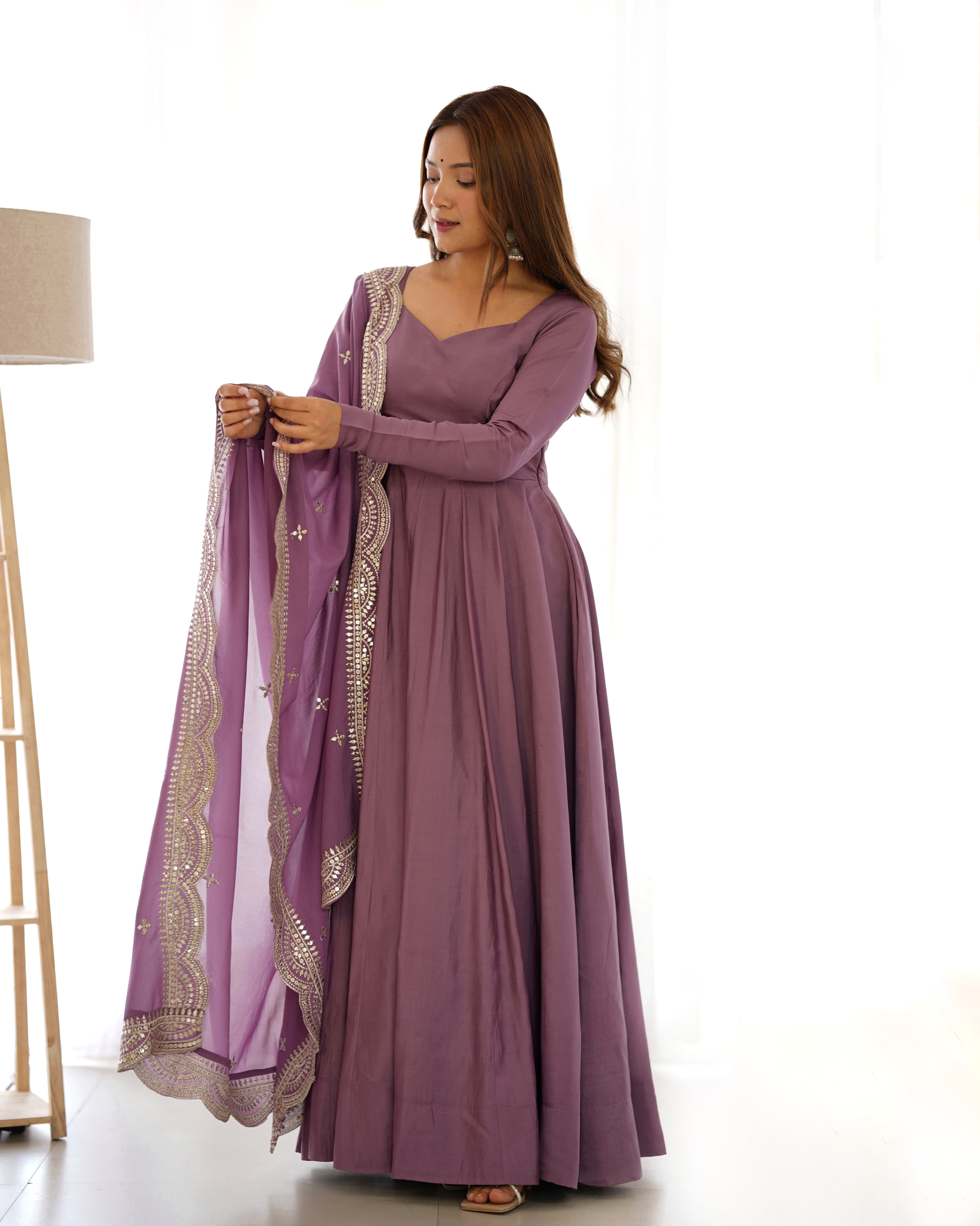 MAUVE-Fully Stitched Ready To Wear Premium Quality Pure Romansilk Chanderi Print Fabric Fully Flair Anarkali Gown.