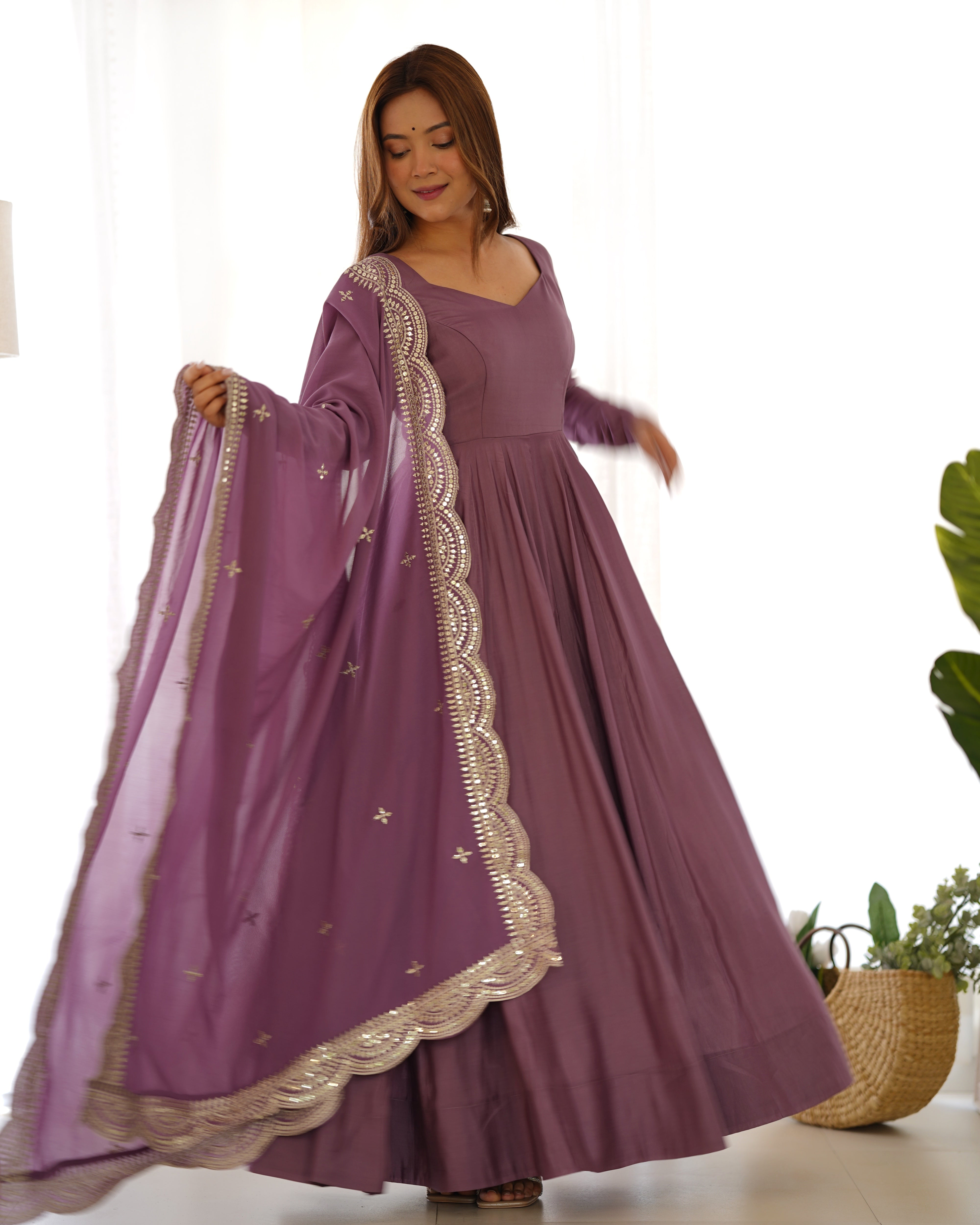 MAUVE-Fully Stitched Ready To Wear Premium Quality Pure Romansilk Chanderi Print Fabric Fully Flair Anarkali Gown.