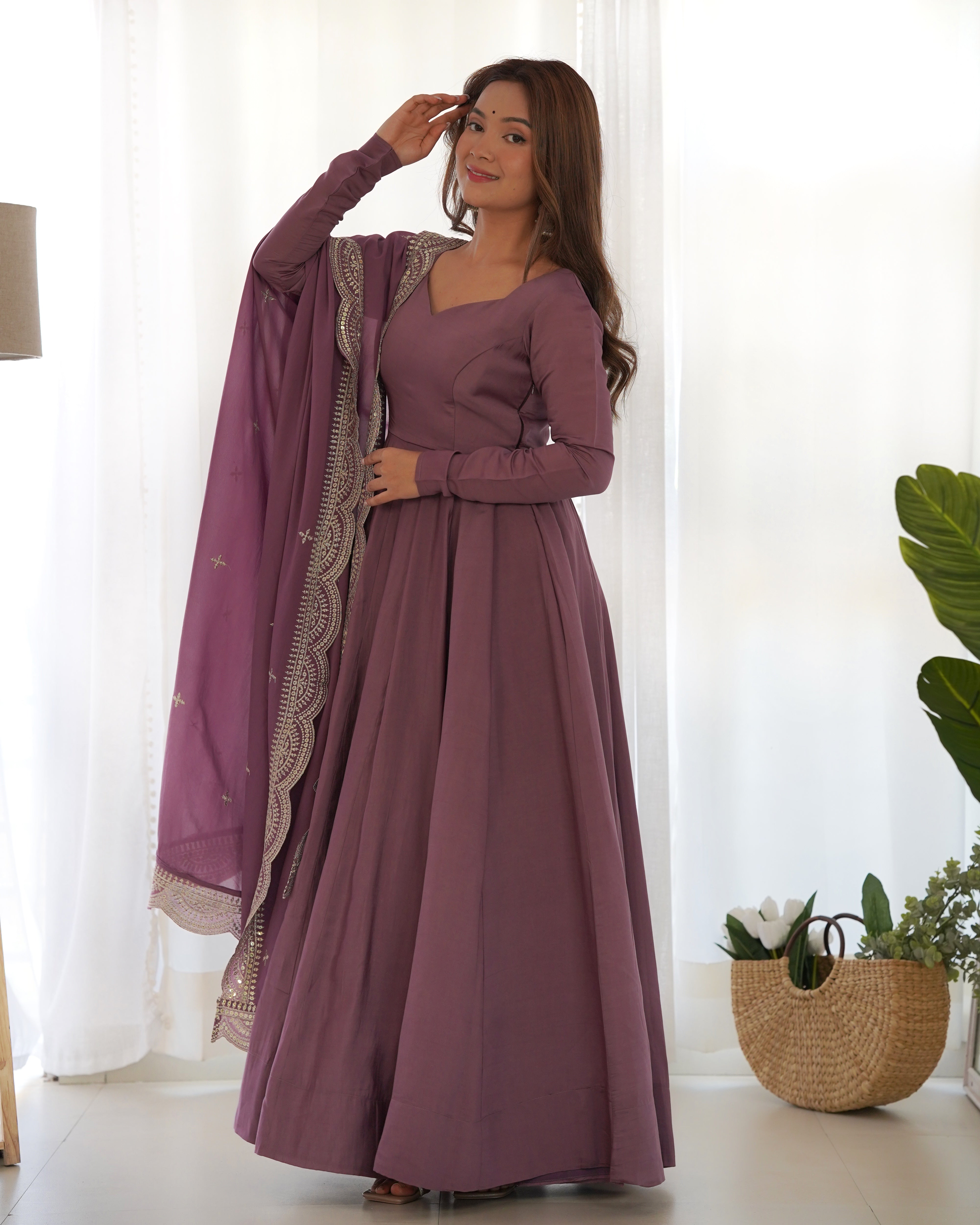 MAUVE-Fully Stitched Ready To Wear Premium Quality Pure Romansilk Chanderi Print Fabric Fully Flair Anarkali Gown.