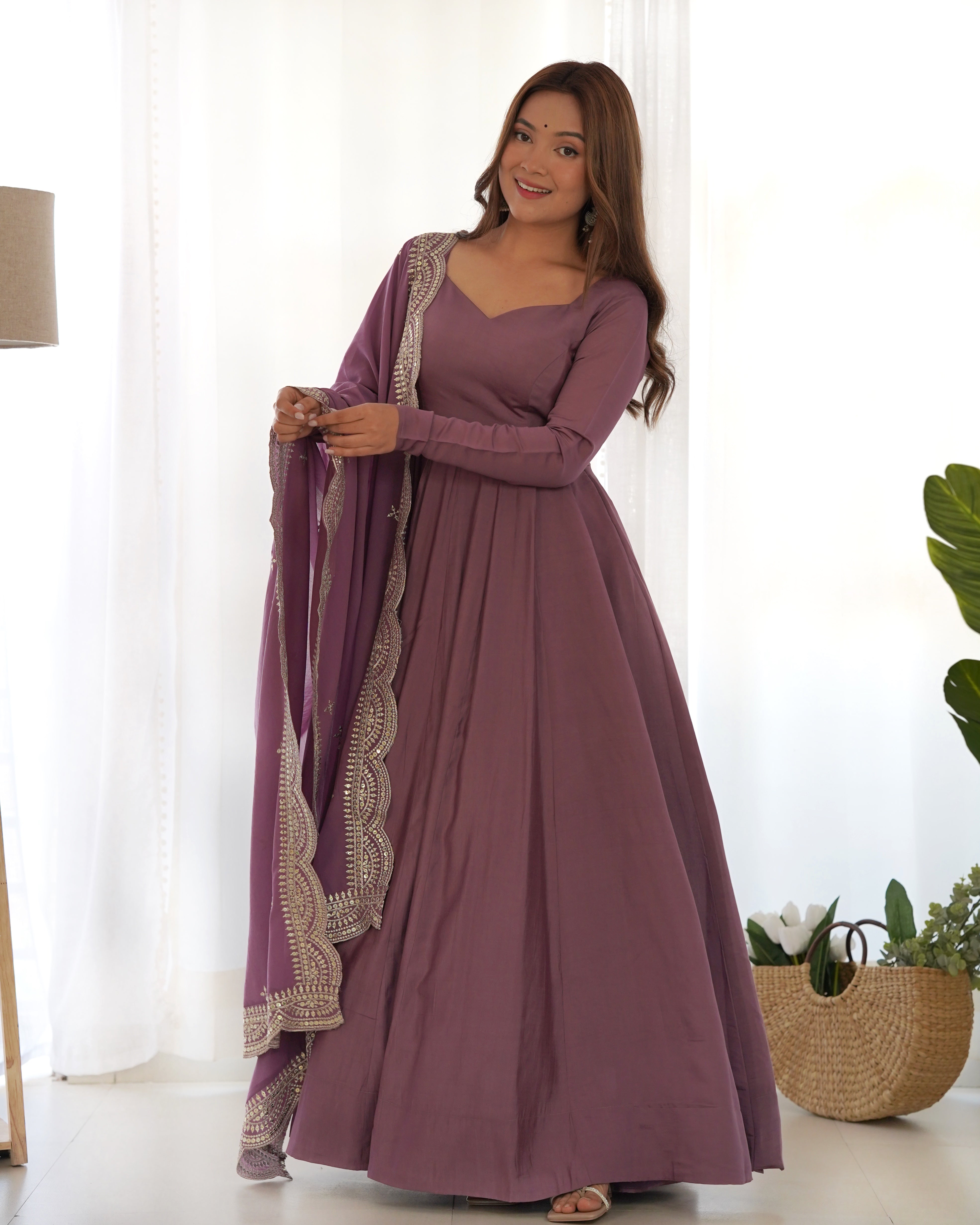 MAUVE-Fully Stitched Ready To Wear Premium Quality Pure Romansilk Chanderi Print Fabric Fully Flair Anarkali Gown.