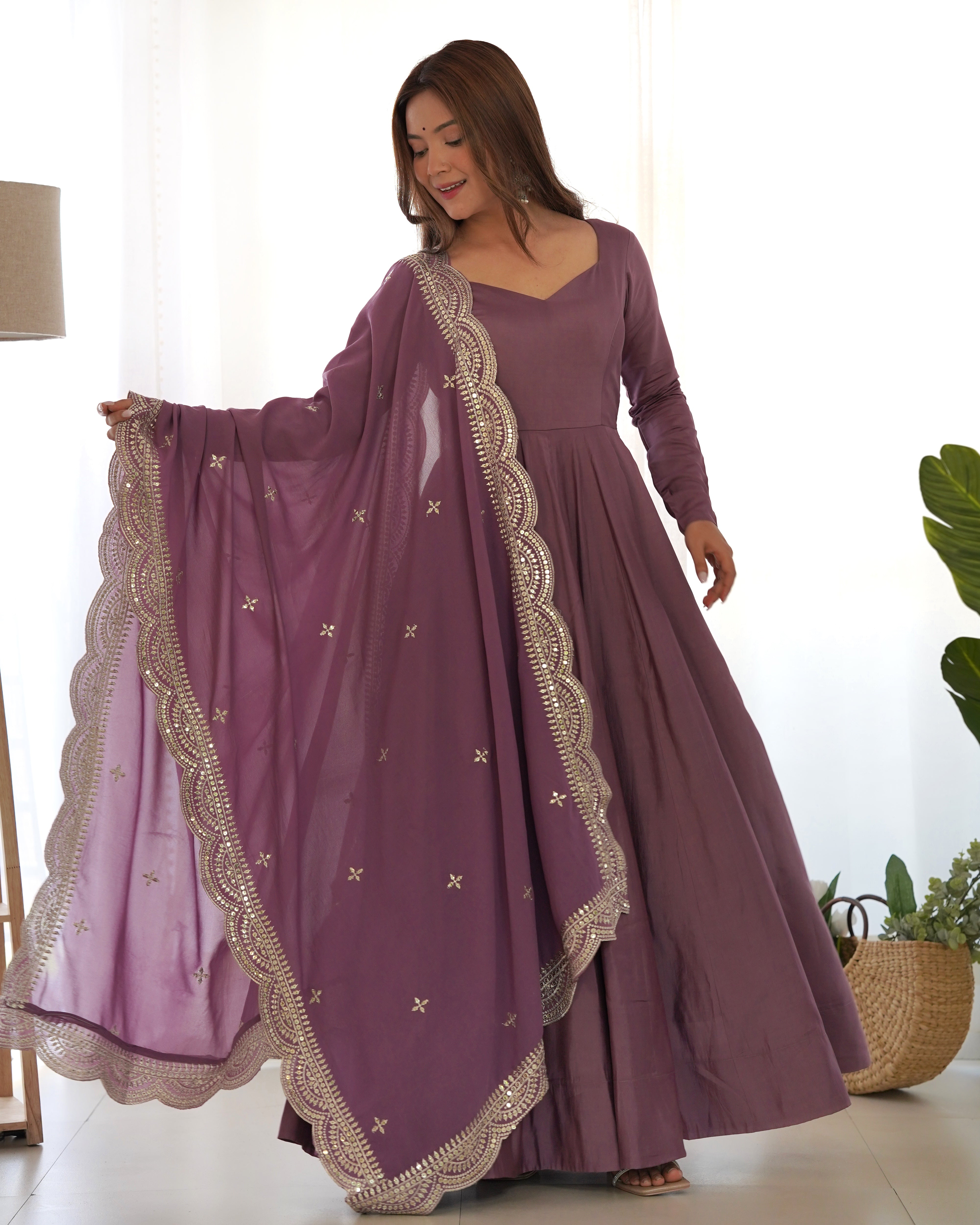 MAUVE-Fully Stitched Ready To Wear Premium Quality Pure Romansilk Chanderi Print Fabric Fully Flair Anarkali Gown.