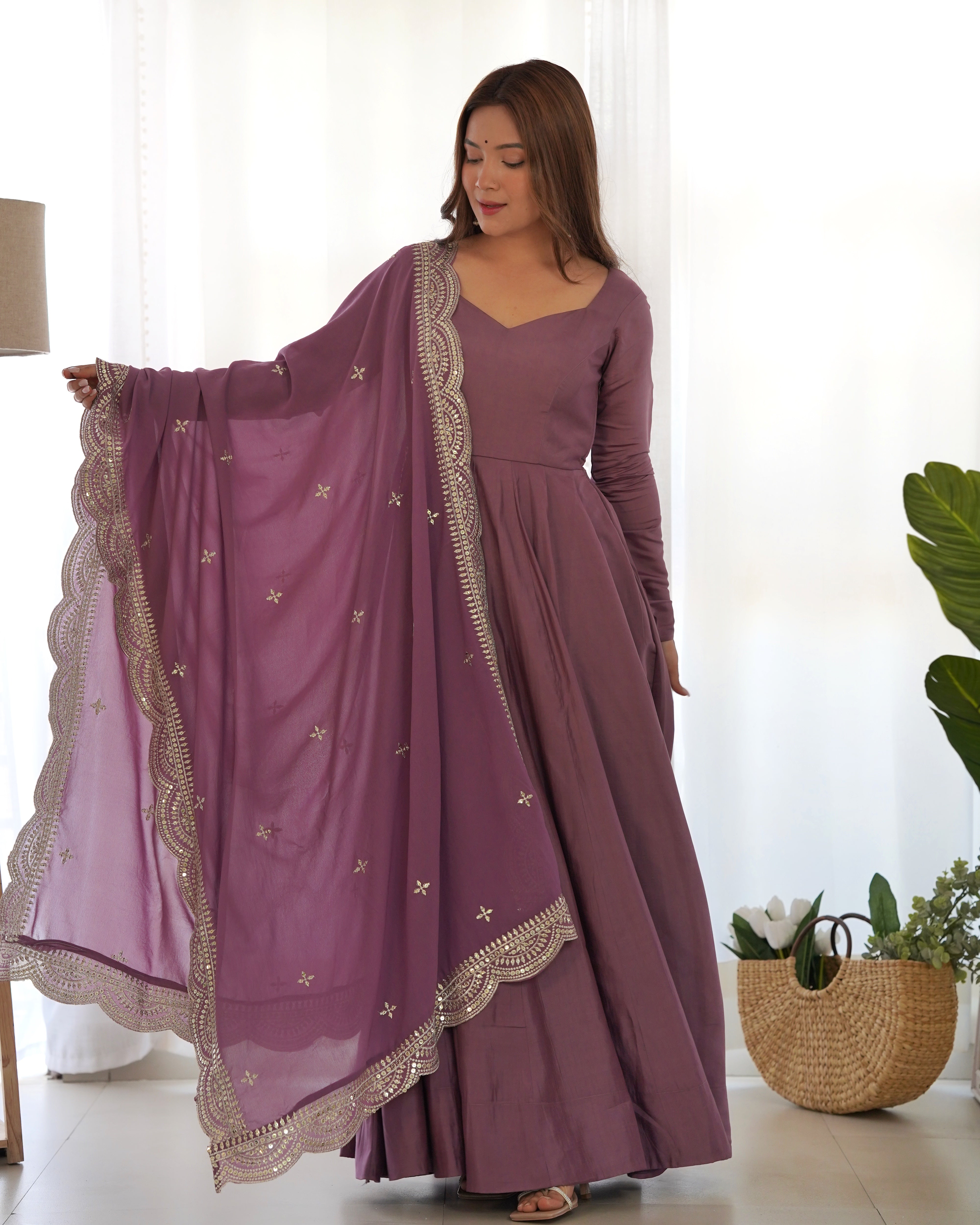 MAUVE-Fully Stitched Ready To Wear Premium Quality Pure Romansilk Chanderi Print Fabric Fully Flair Anarkali Gown.