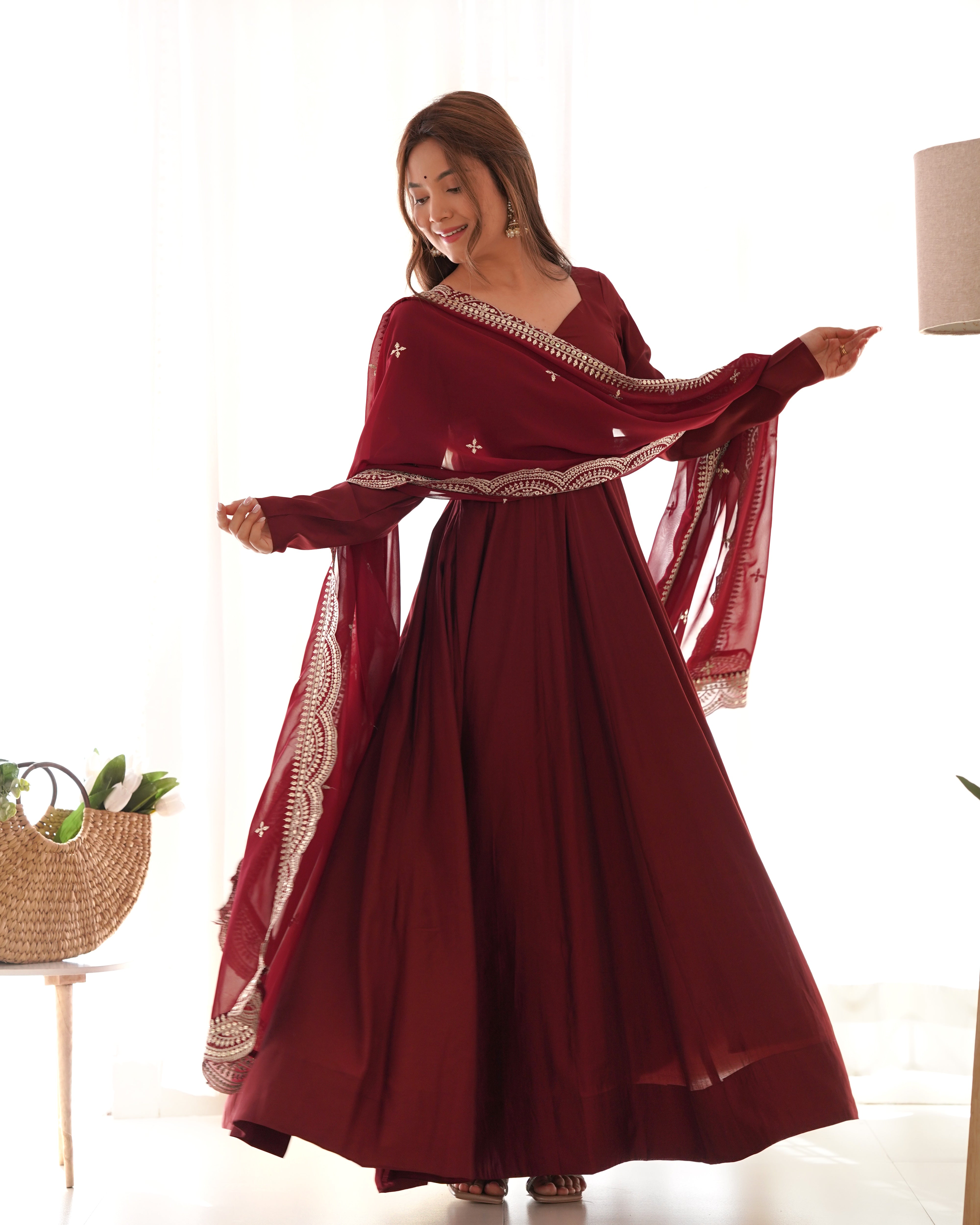 MAROON-Fully Stitched Ready To Wear Premium Quality Pure Romansilk Chanderi Print Fabric Fully Flair Anarkali Gown.