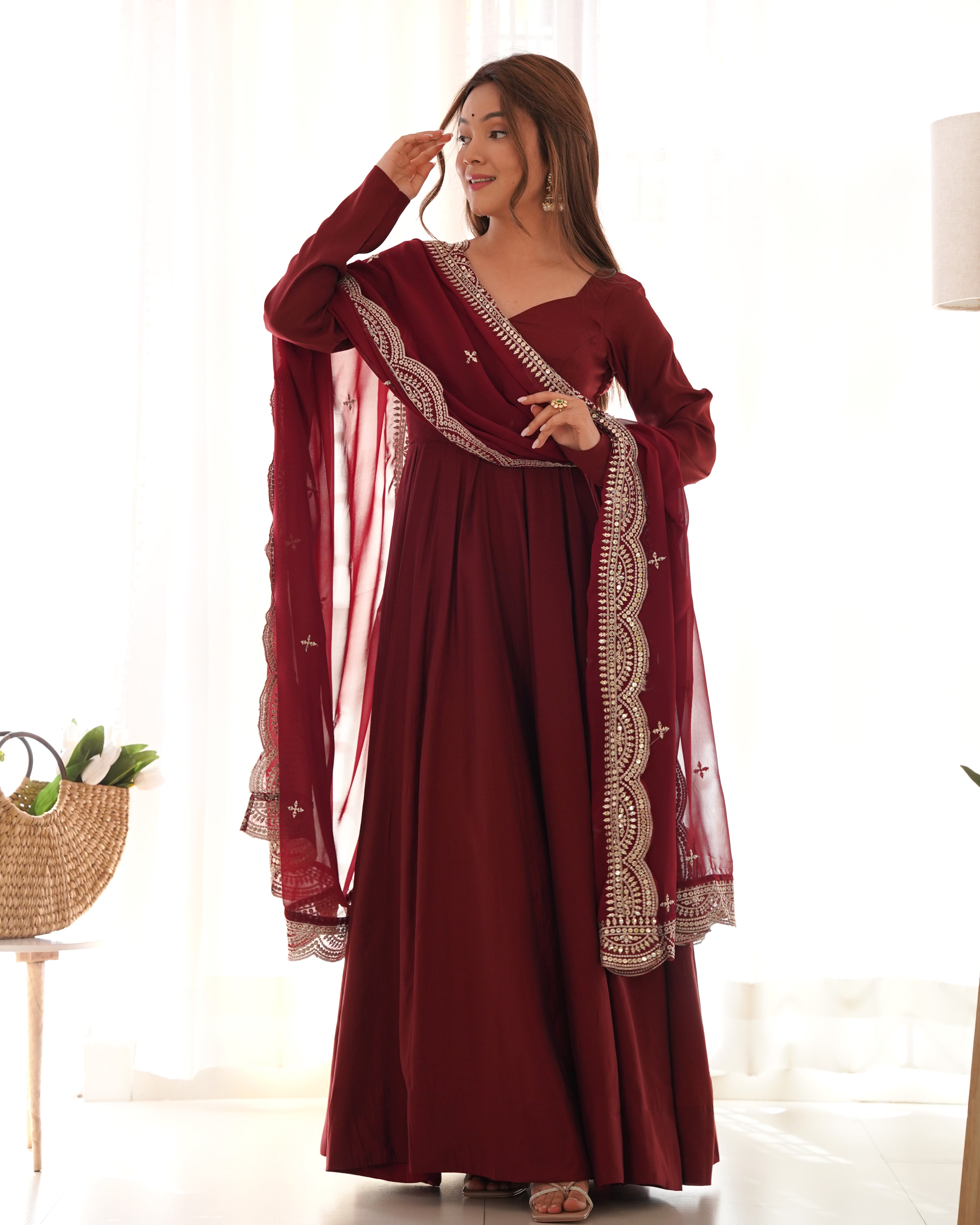 MAROON-Fully Stitched Ready To Wear Premium Quality Pure Romansilk Chanderi Print Fabric Fully Flair Anarkali Gown.