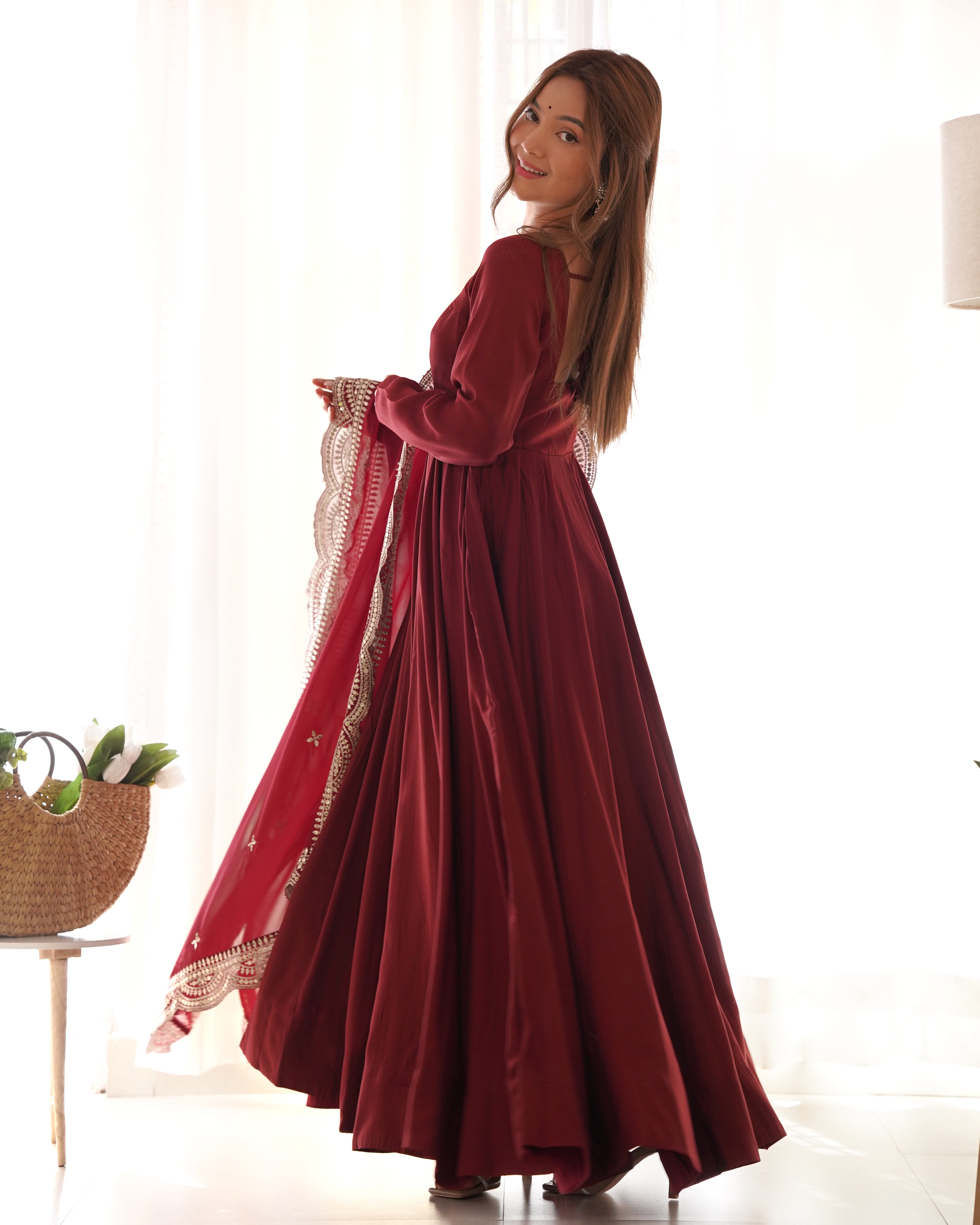 MAROON-Fully Stitched Ready To Wear Premium Quality Pure Romansilk Chanderi Print Fabric Fully Flair Anarkali Gown.