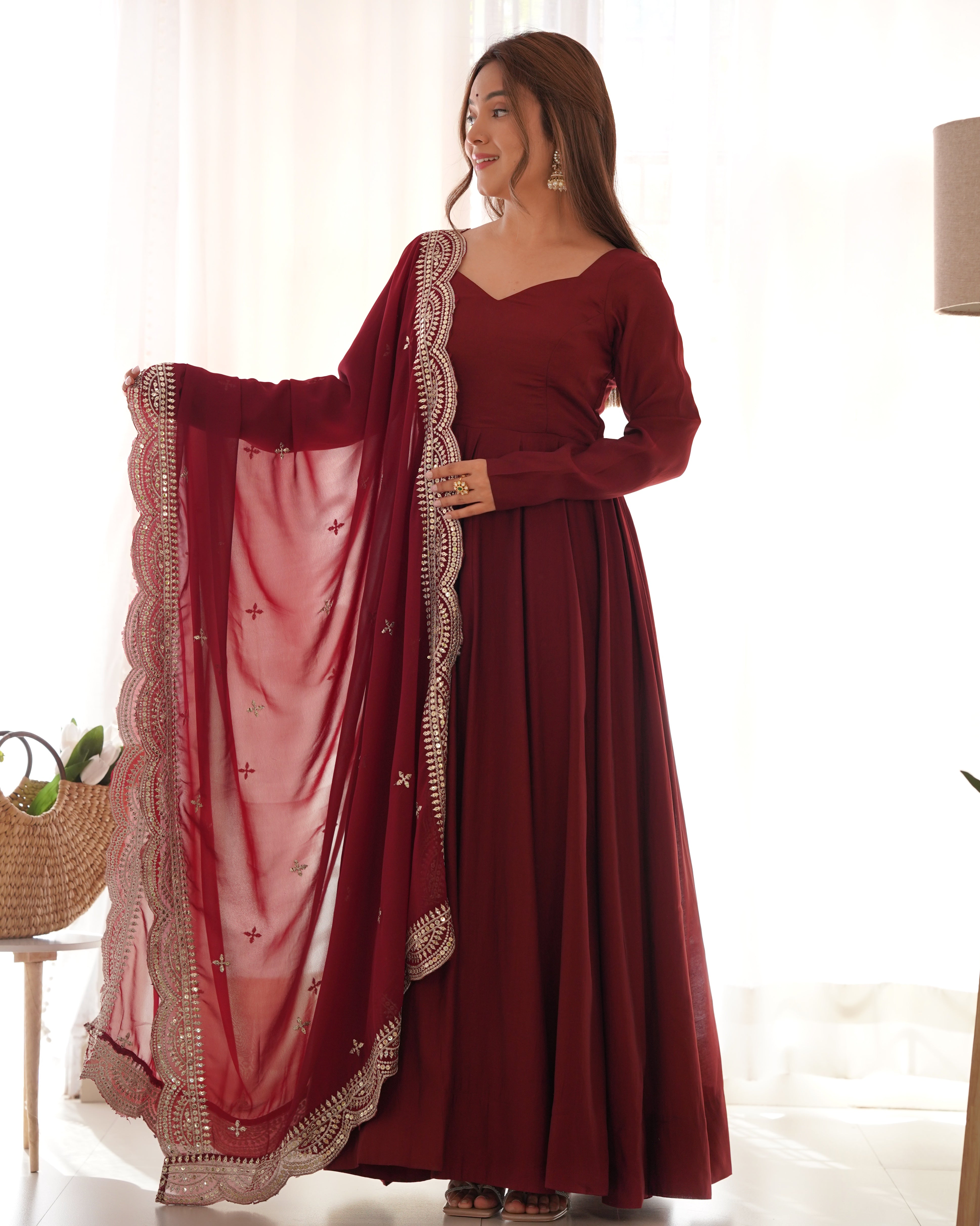 MAROON-Fully Stitched Ready To Wear Premium Quality Pure Romansilk Chanderi Print Fabric Fully Flair Anarkali Gown.