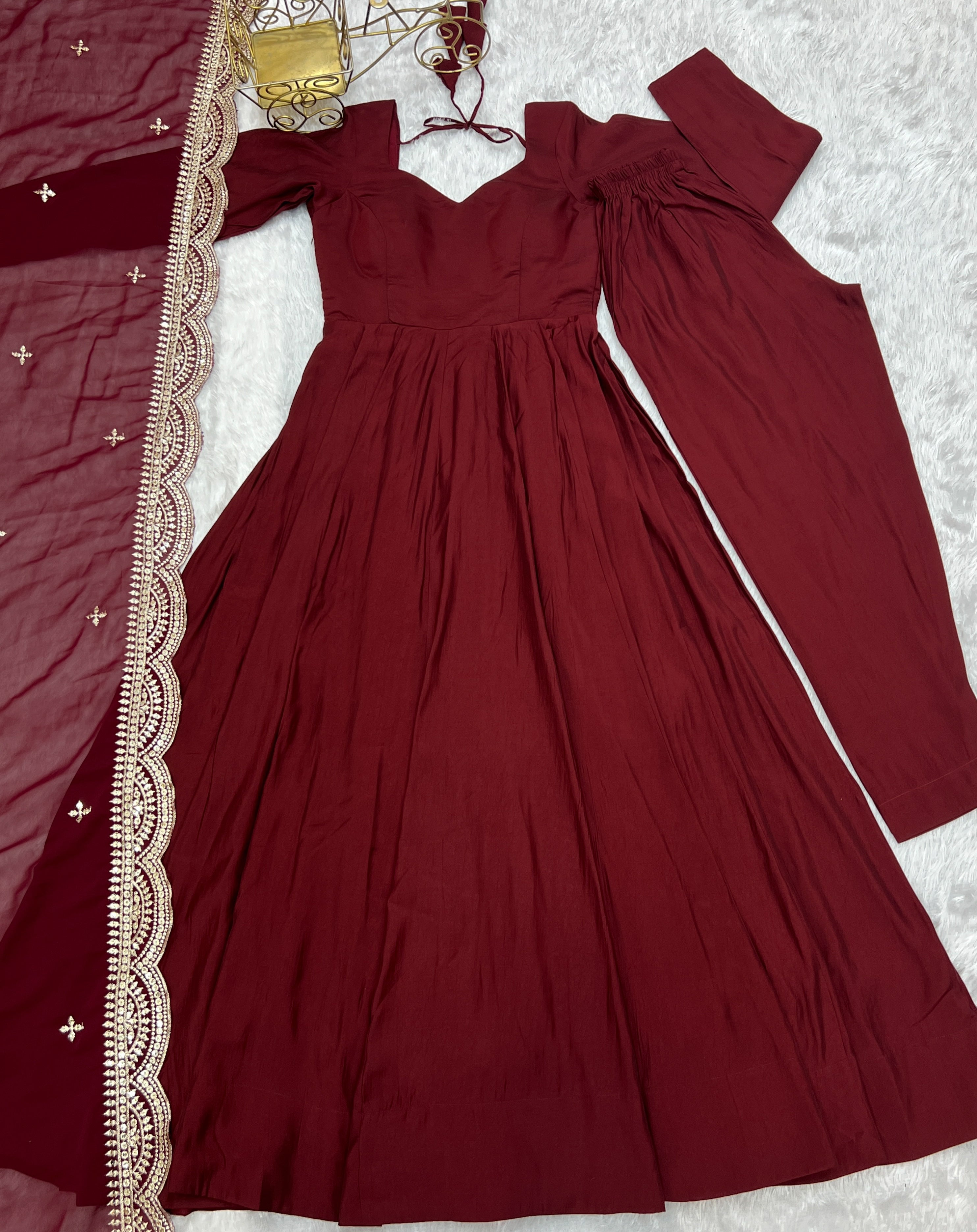 MAROON-Fully Stitched Ready To Wear Premium Quality Pure Romansilk Chanderi Print Fabric Fully Flair Anarkali Gown.