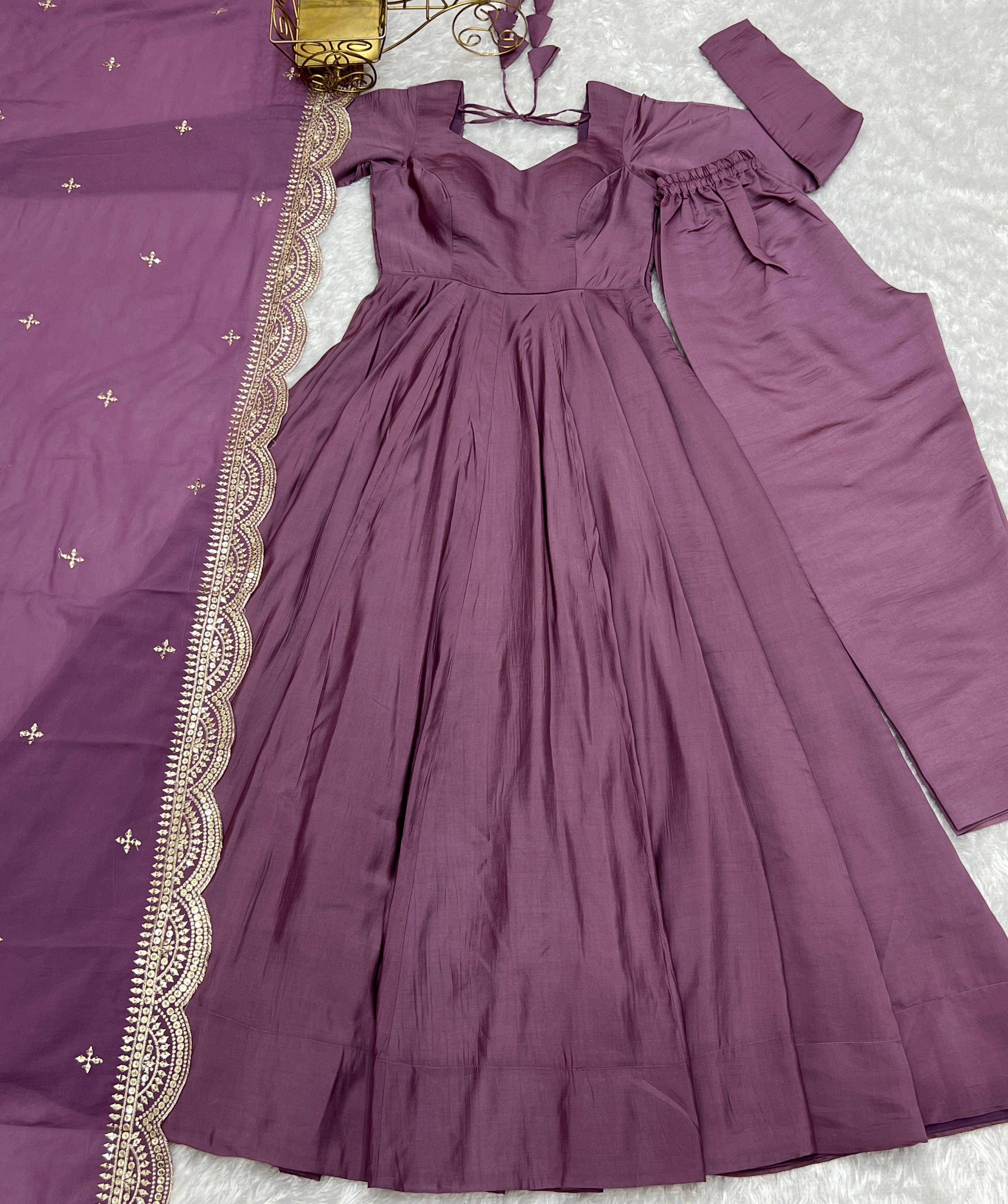 MAUVE-Fully Stitched Ready To Wear Premium Quality Pure Romansilk Chanderi Print Fabric Fully Flair Anarkali Gown.