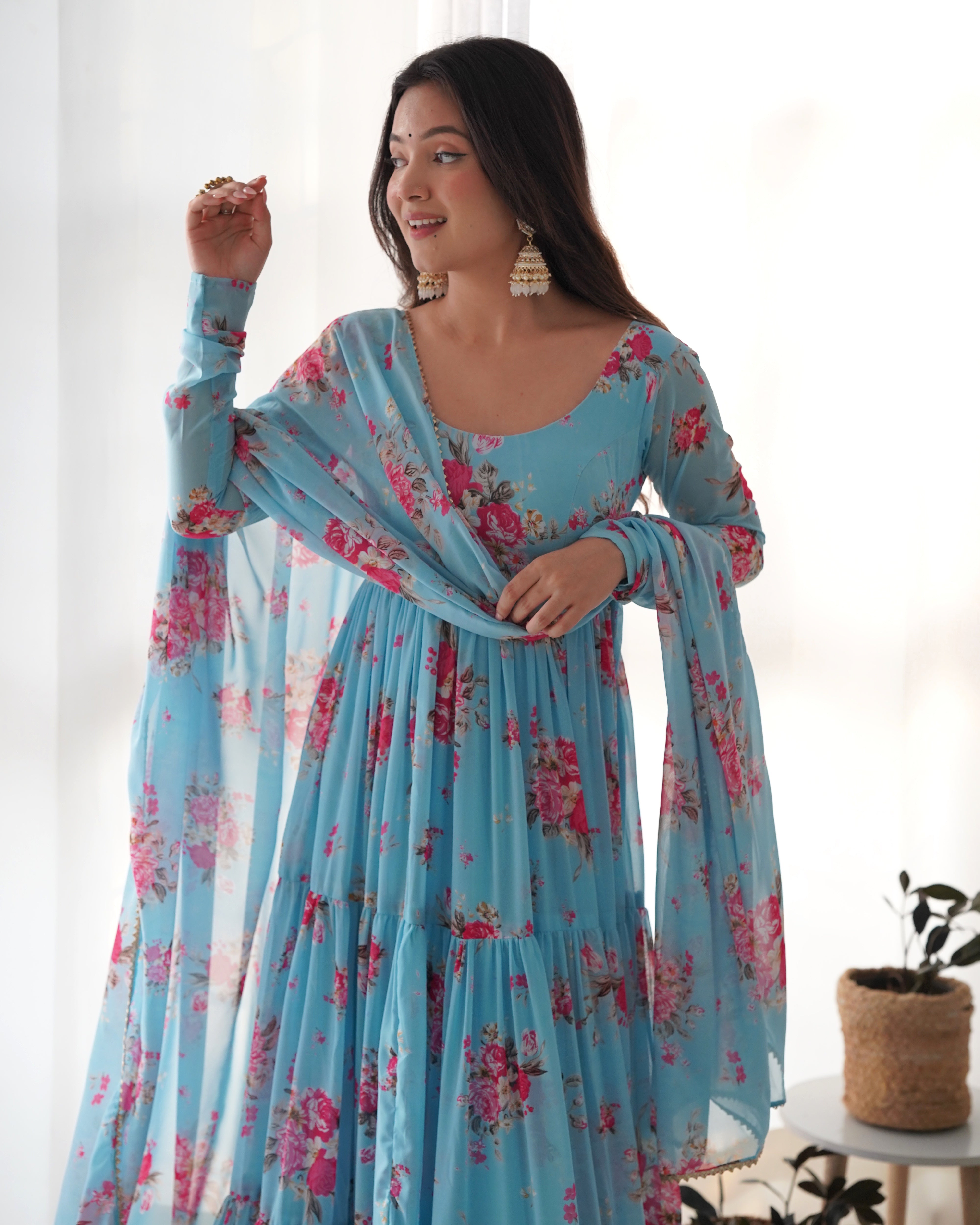 SKY FLORAL-Fully Stitched Ready To Wear Pure Soft Fox Georgette Floral Print Fabric Fully Flair Anarkali Gown Set.