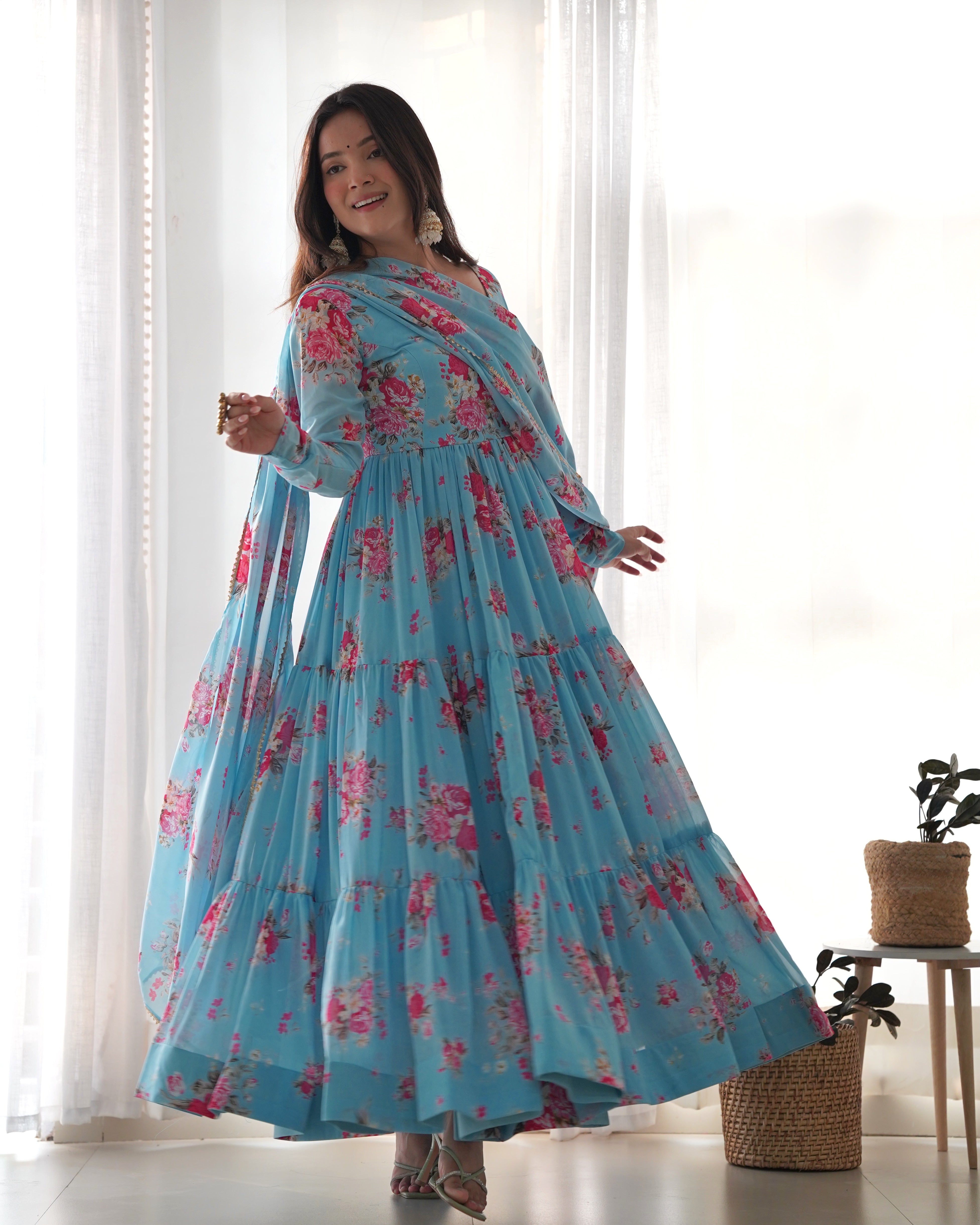 SKY FLORAL-Fully Stitched Ready To Wear Pure Soft Fox Georgette Floral Print Fabric Fully Flair Anarkali Gown Set.