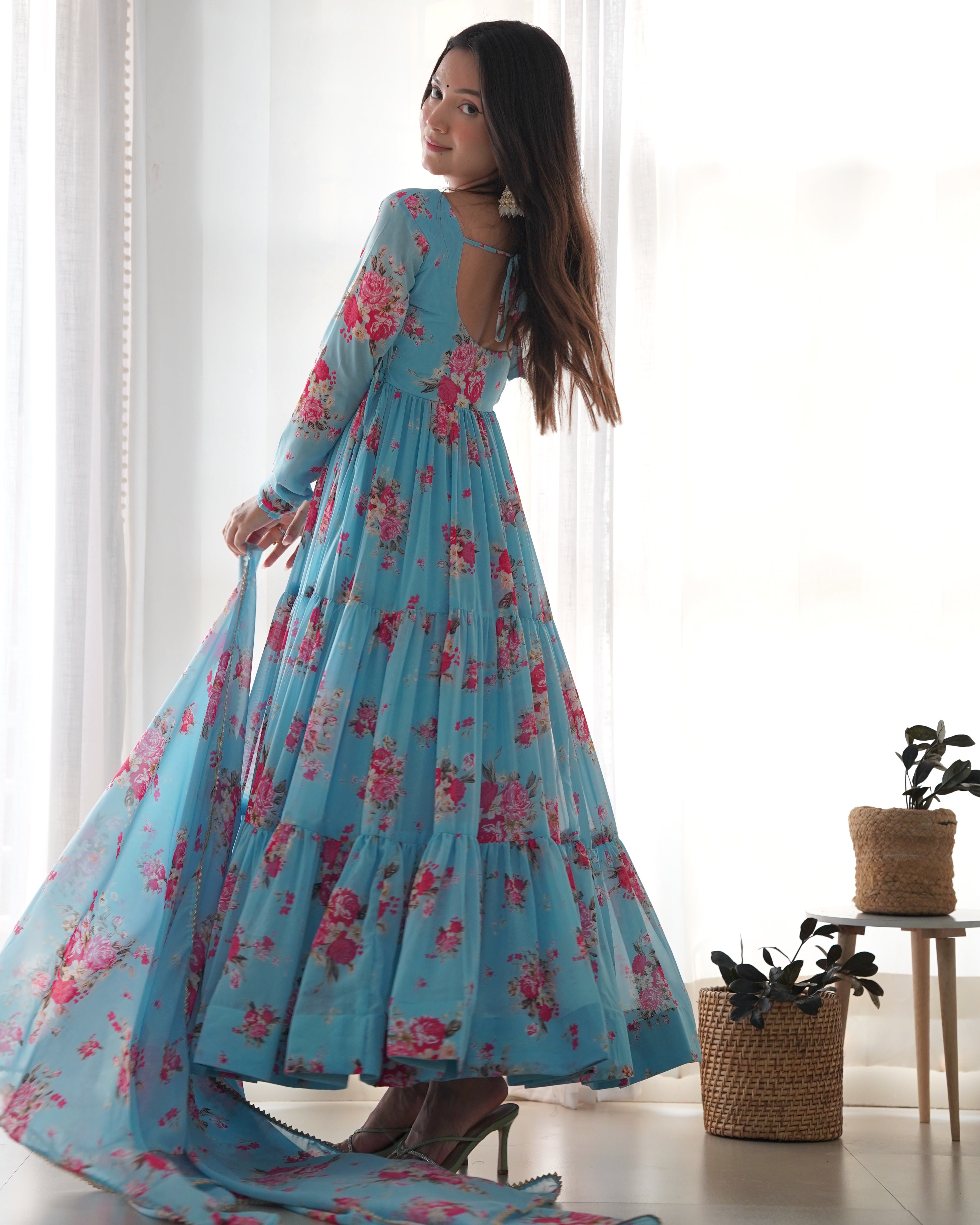 SKY FLORAL-Fully Stitched Ready To Wear Pure Soft Fox Georgette Floral Print Fabric Fully Flair Anarkali Gown Set.