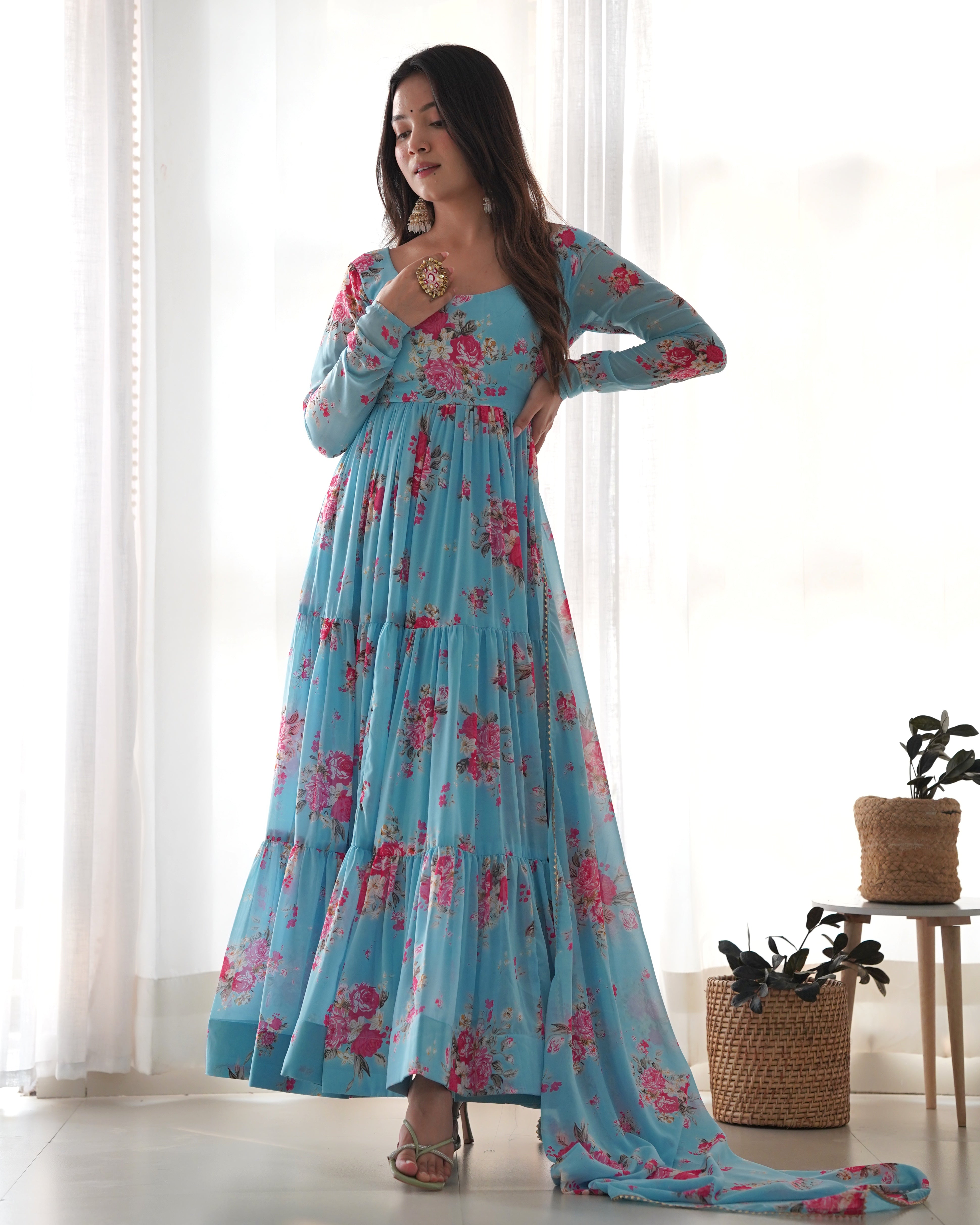 SKY FLORAL-Fully Stitched Ready To Wear Pure Soft Fox Georgette Floral Print Fabric Fully Flair Anarkali Gown Set.