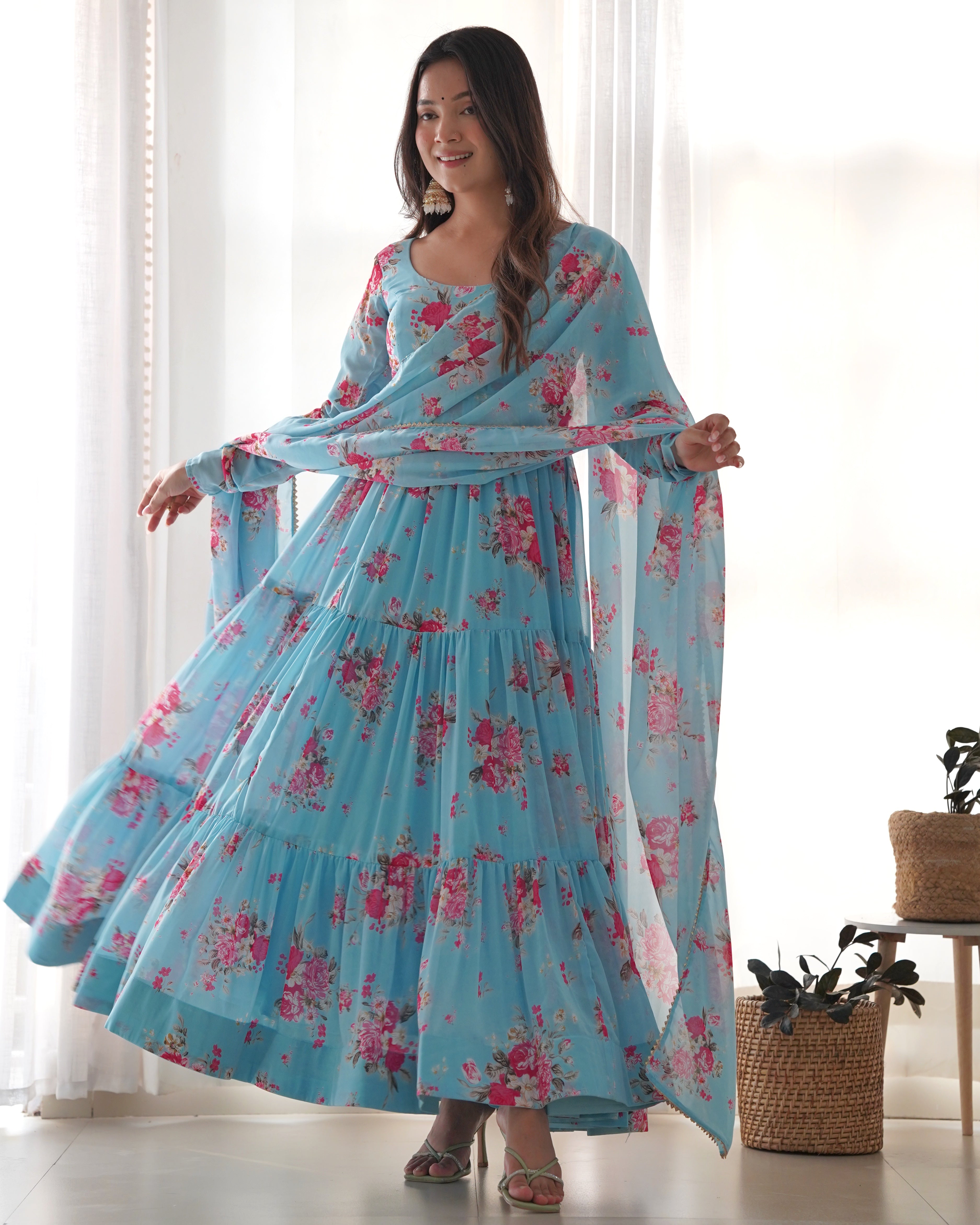 SKY FLORAL-Fully Stitched Ready To Wear Pure Soft Fox Georgette Floral Print Fabric Fully Flair Anarkali Gown Set.