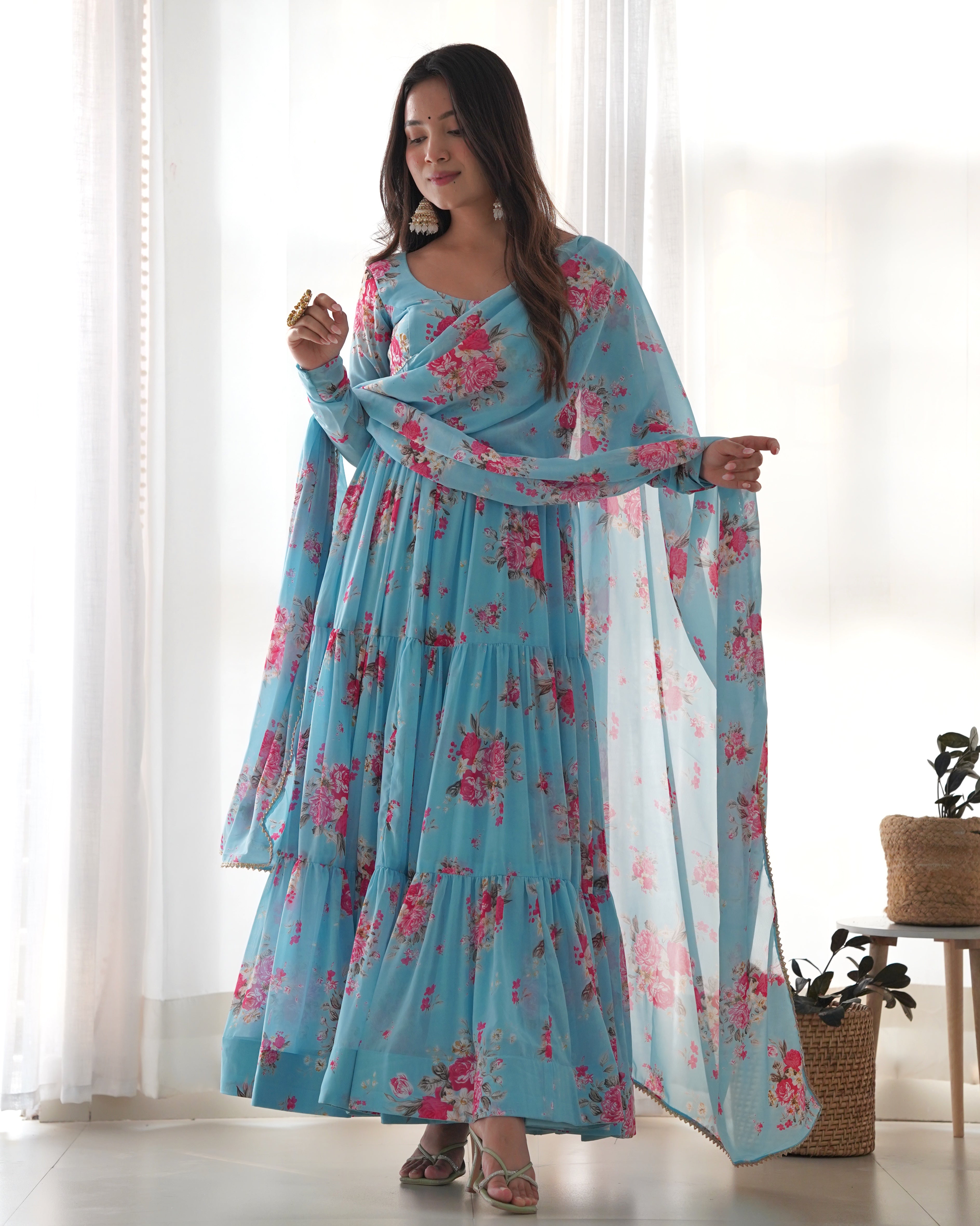 SKY FLORAL-Fully Stitched Ready To Wear Pure Soft Fox Georgette Floral Print Fabric Fully Flair Anarkali Gown Set.