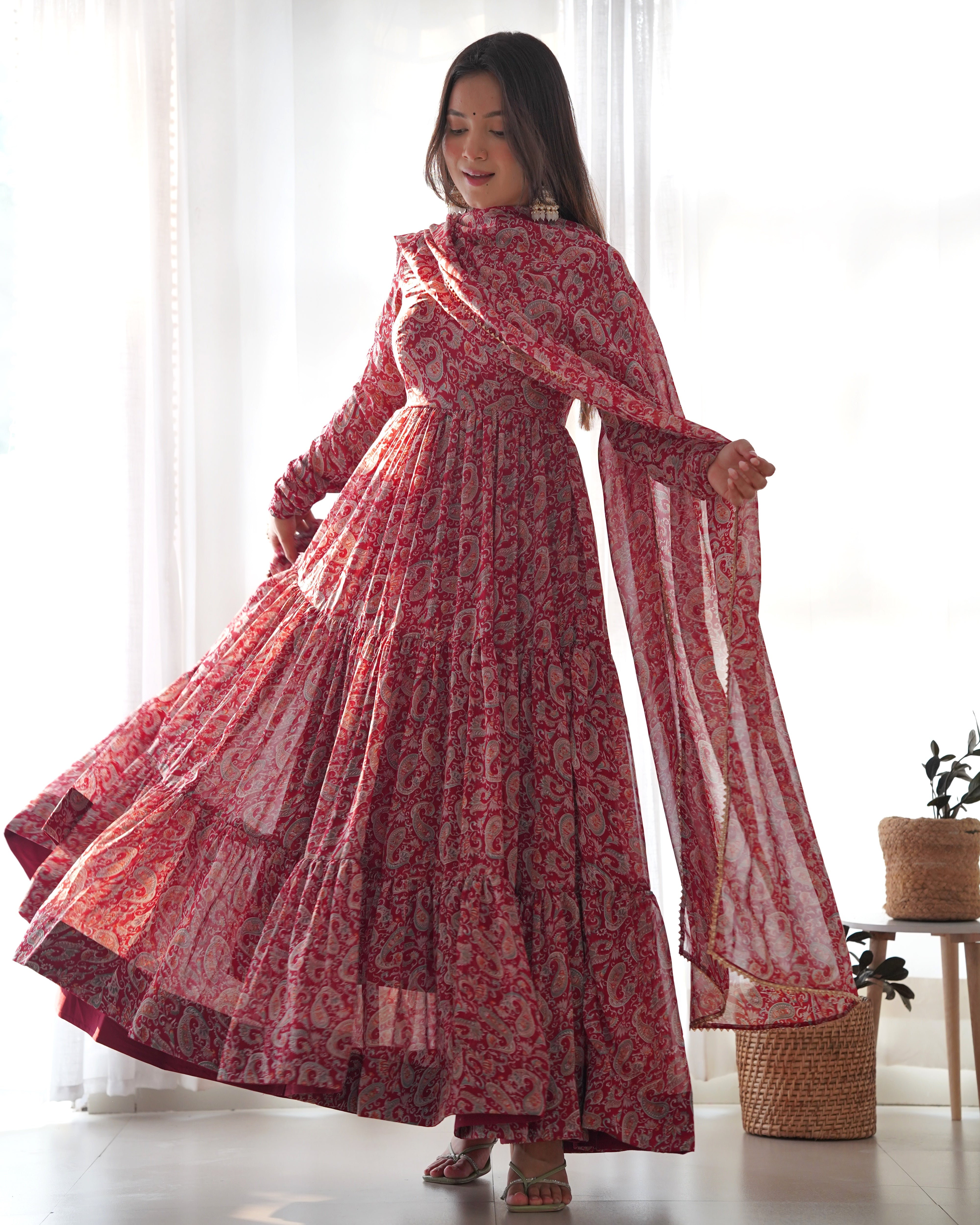 KALAMKARI-Fully Stitched Ready To Wear Pure Soft  Fox Georgette Kalamkari Print Anarkali Gown Set.