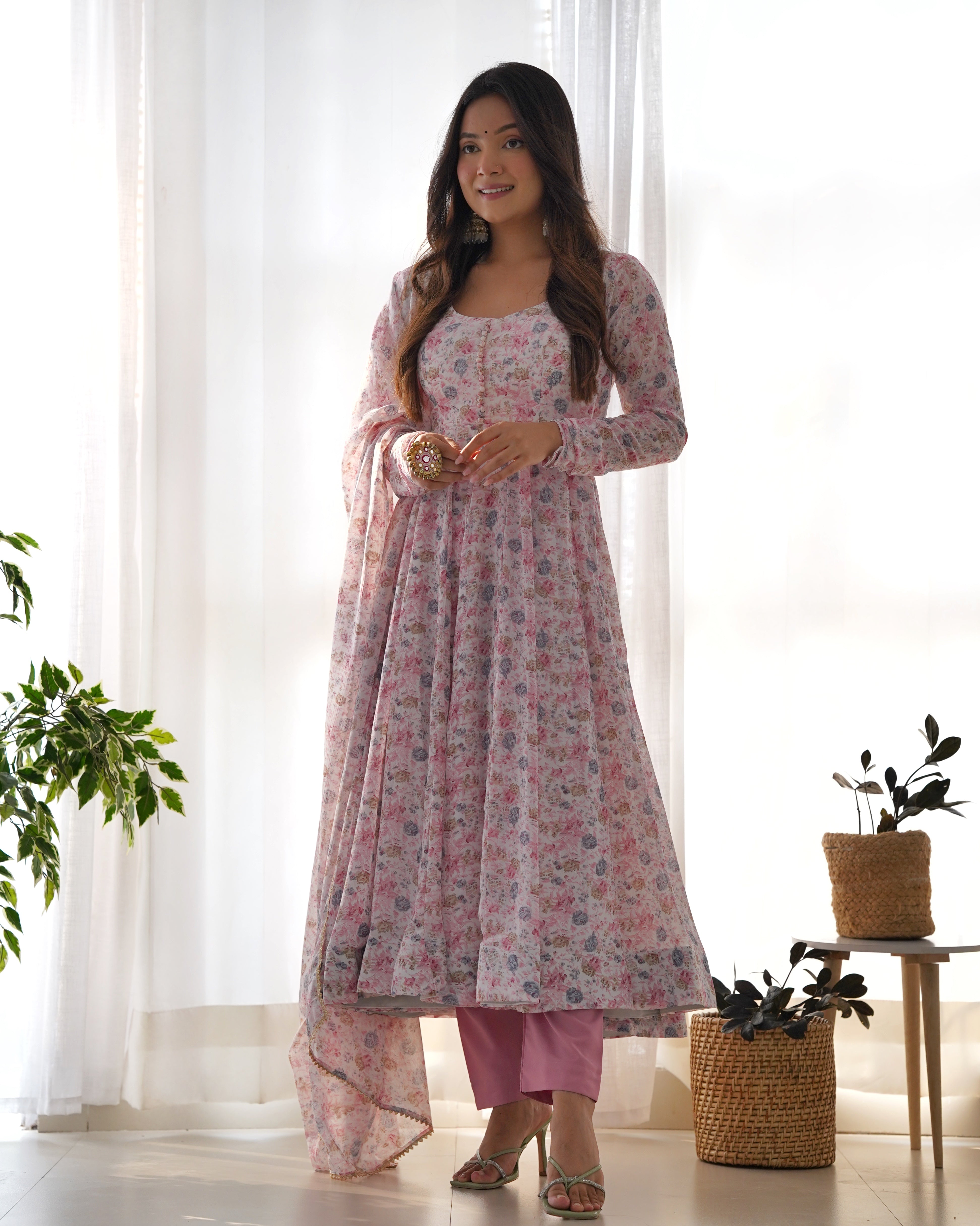 PINK-Fully Stitched Ready To Wear Heavy Orange Chiffon Floral Print Fully Flair Anarkali Set.