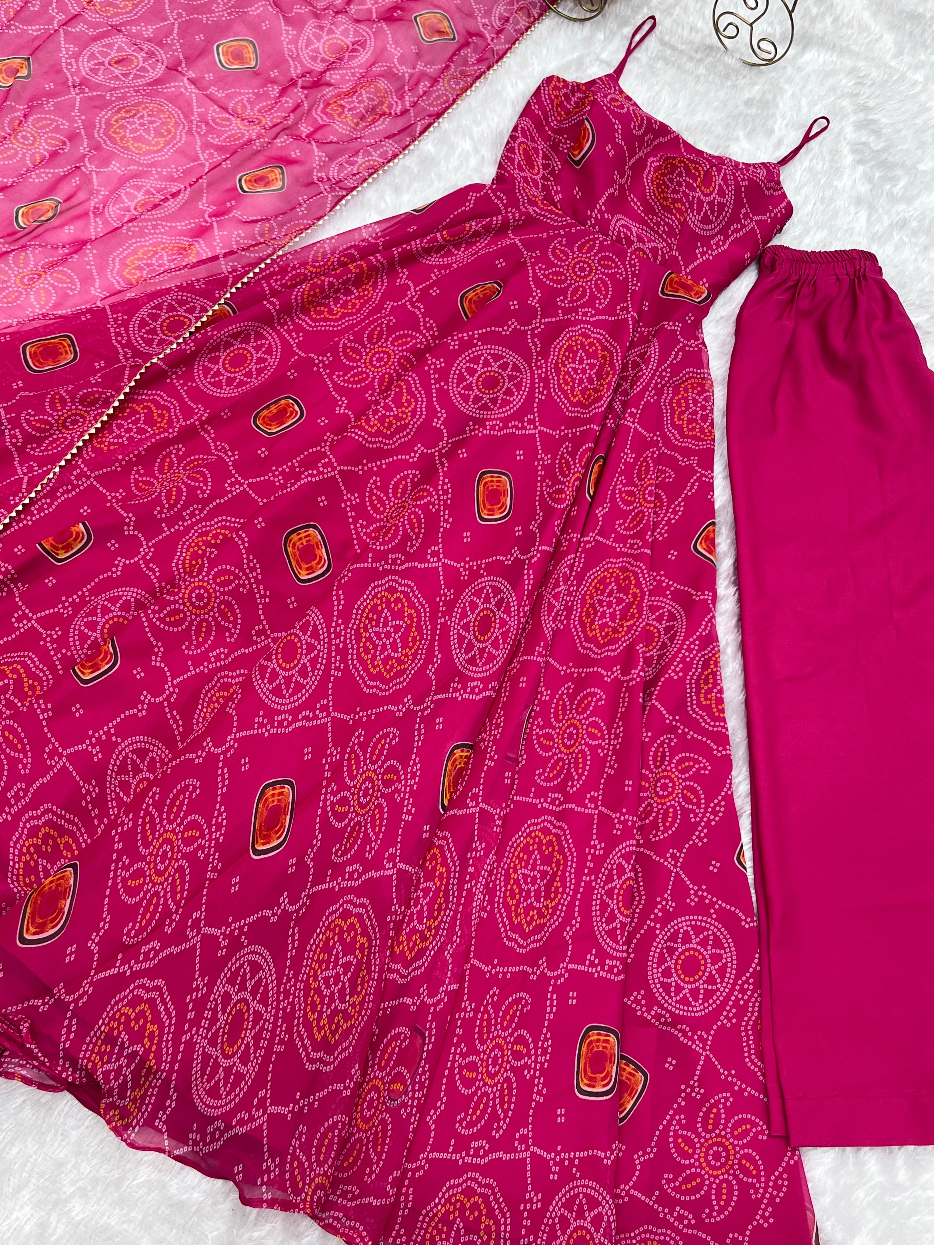 PINK BANDHEJ -Fully Stitched Ready To Wear Pure Soft Chiffon Bandhej Fabric Gown Pair.