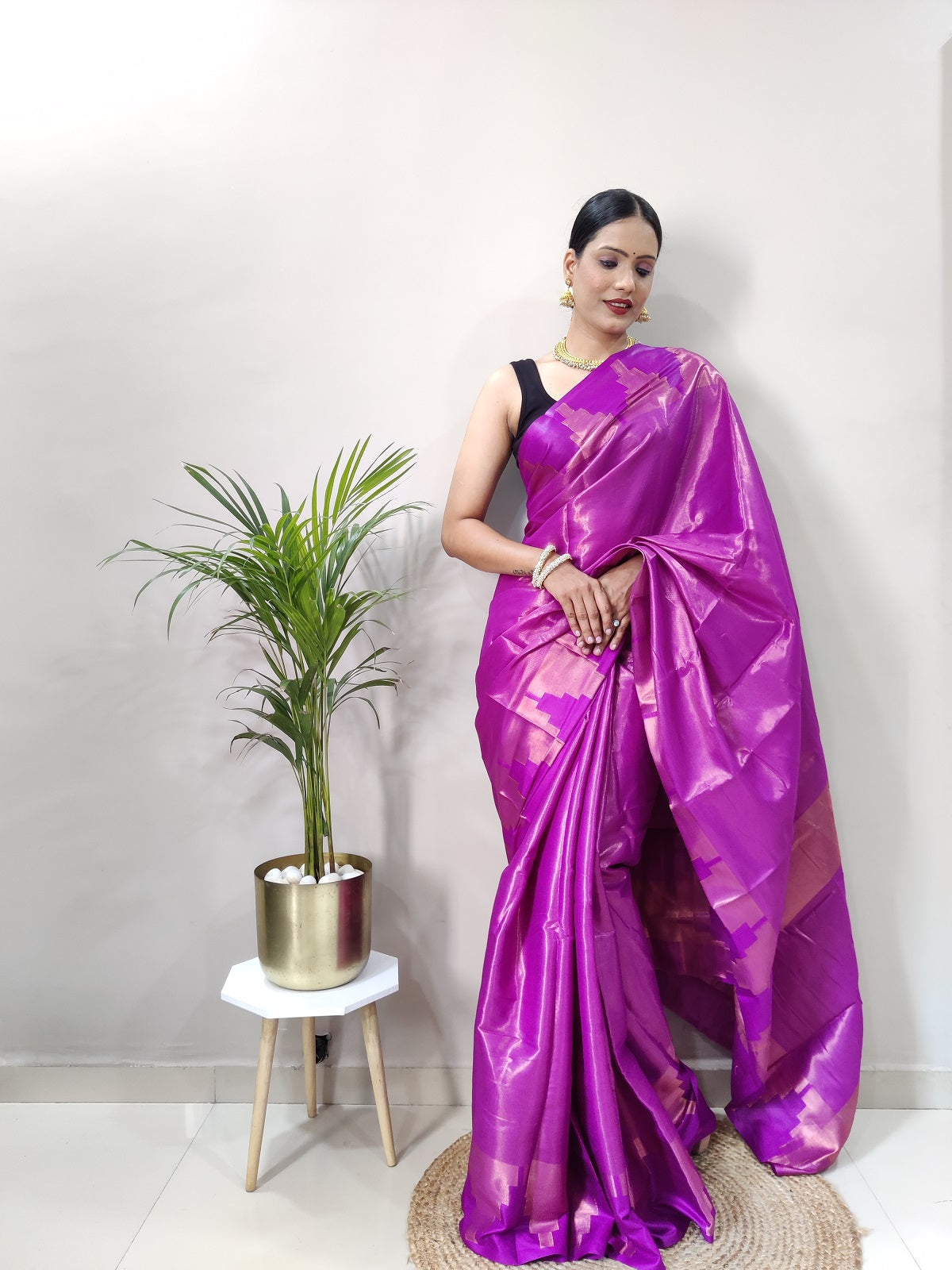 Rani Pink Copper Design Temple Pure Silk Saree