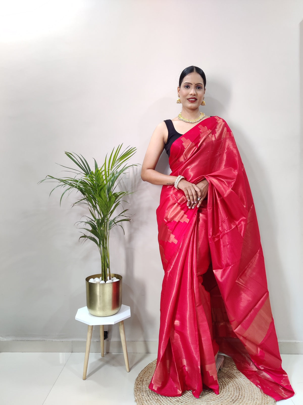 Red Pink Copper Design Temple Pure Silk Saree