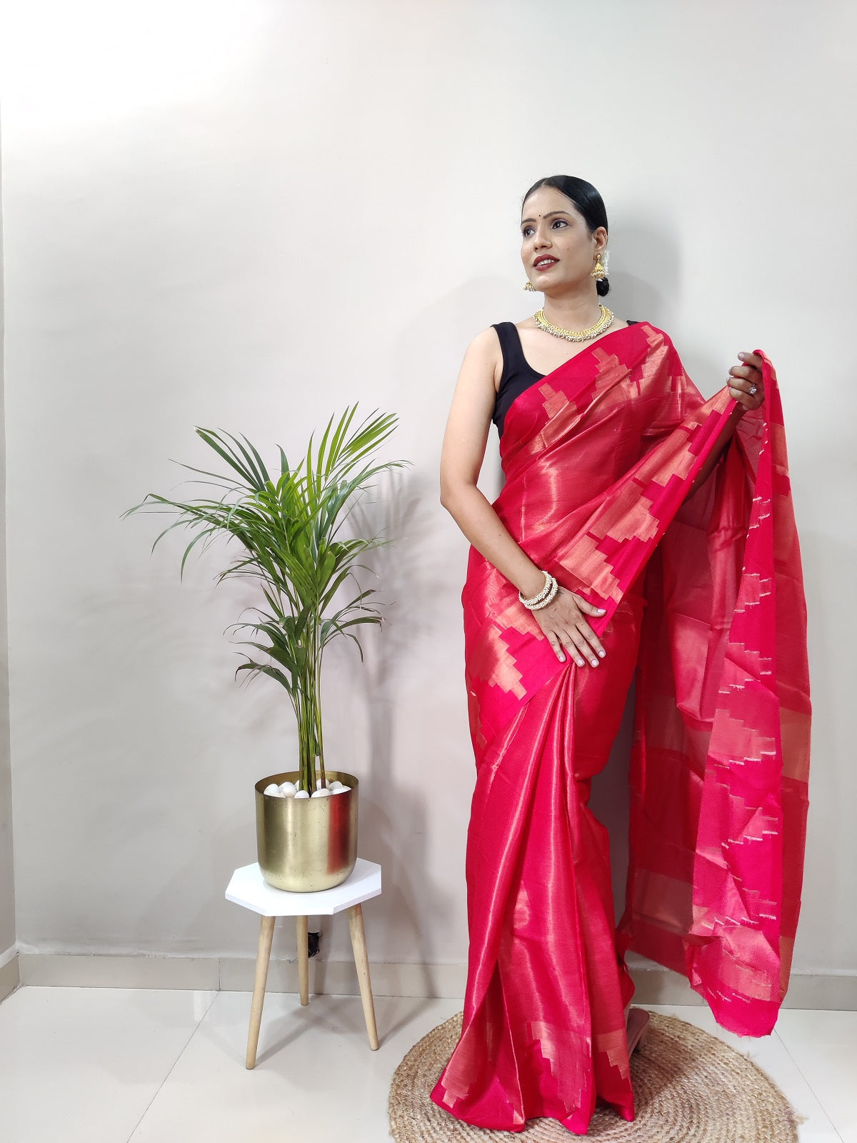 Red Pink Copper Design Temple Pure Silk Saree