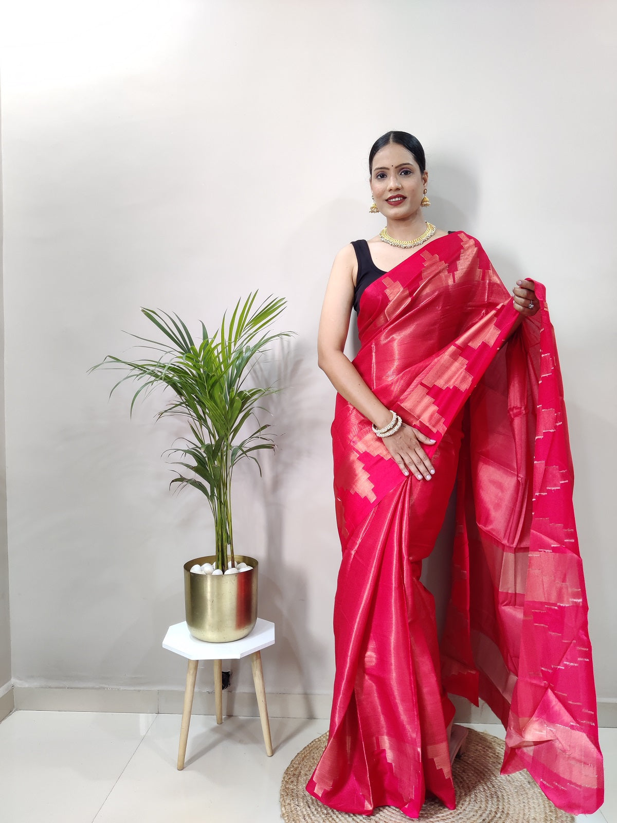 Red Pink Copper Design Temple Pure Silk Saree